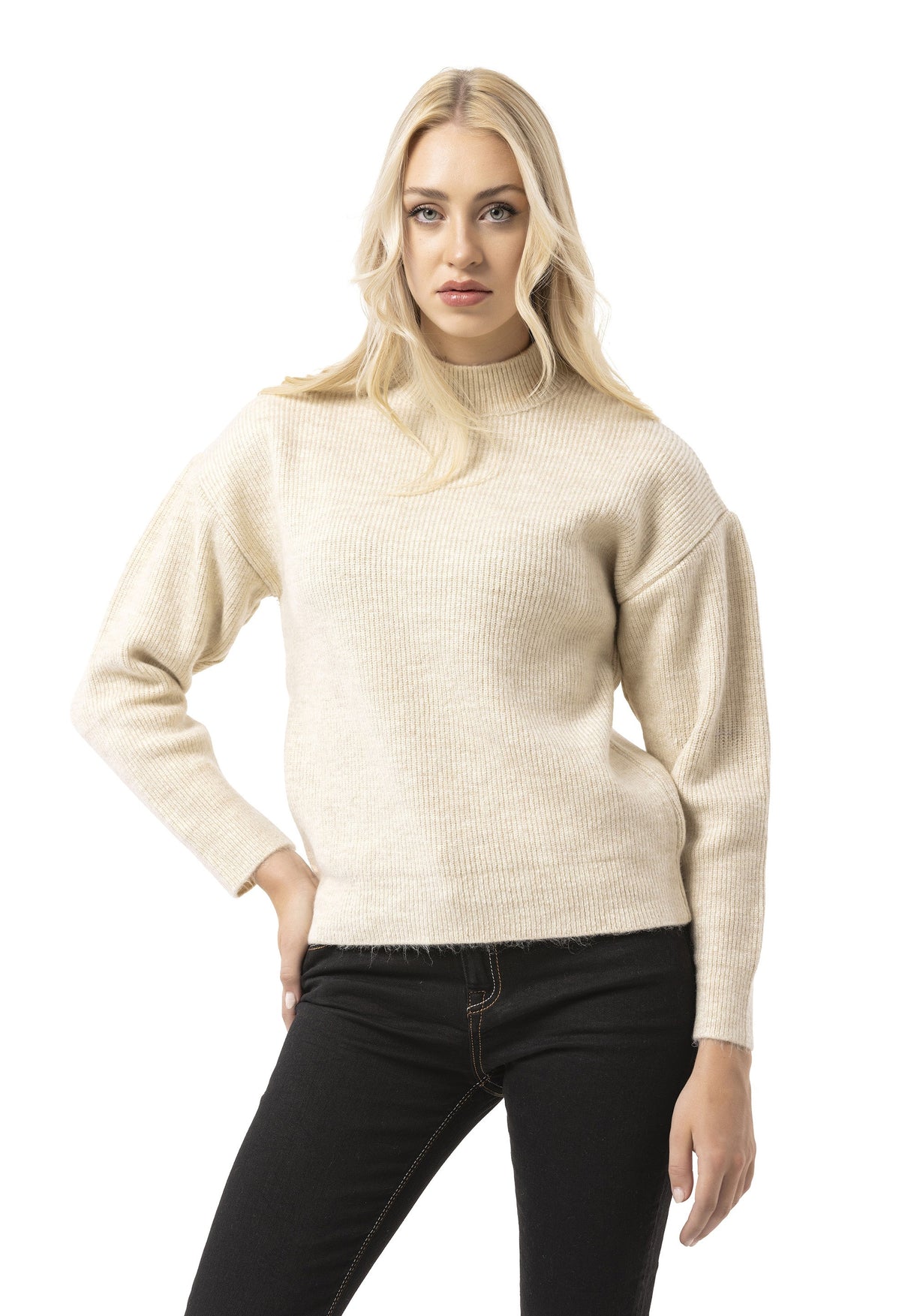 WP262 Women's Knit Sweater – Ribbed Sweater with Stand-Up Collar & Relaxed Fit
