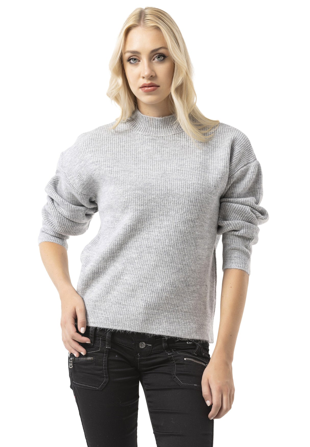 WP262 Women's Knit Sweater – Ribbed Sweater with Stand-Up Collar & Relaxed Fit