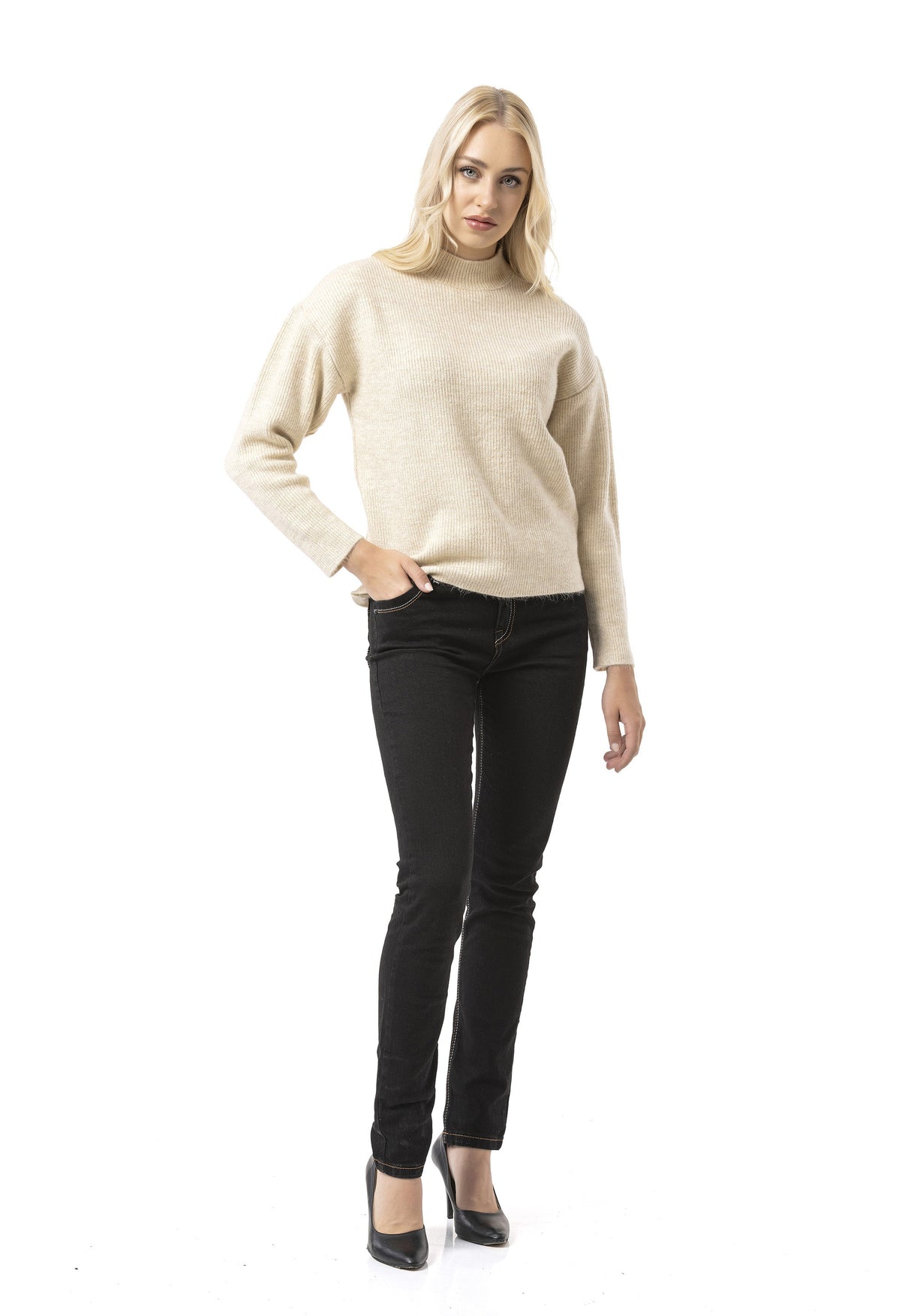 WP262 Women's Knit Sweater – Ribbed Sweater with Stand-Up Collar & Relaxed Fit