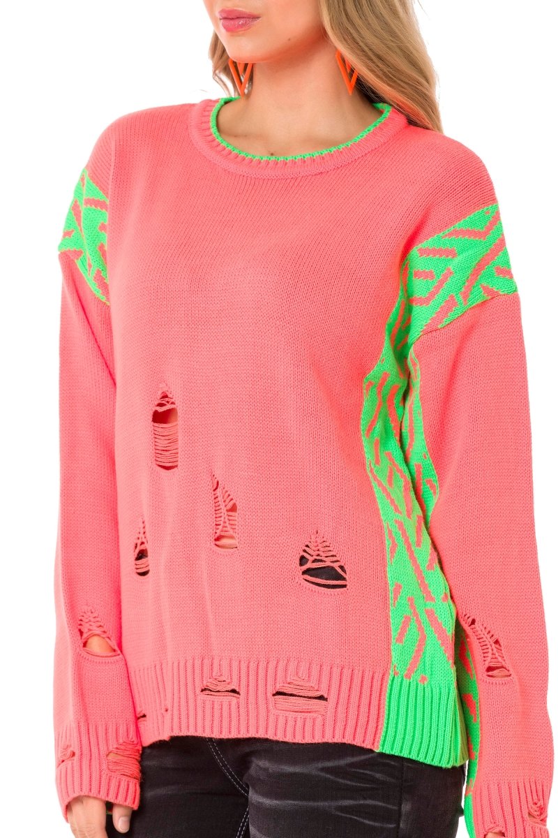 WP241 Vintage Salaş Yırtık Neon Kazak