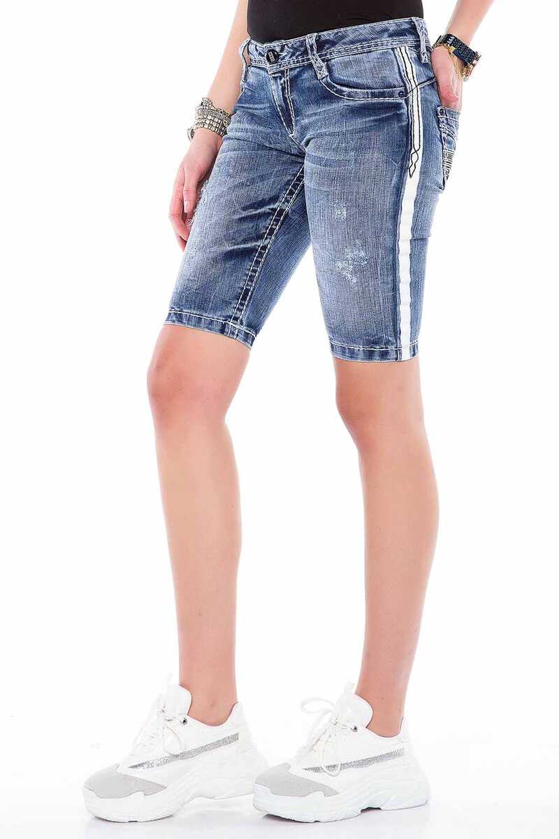 WK147 Şeritli Cepleri Nakışlı Kadın Kot Şort