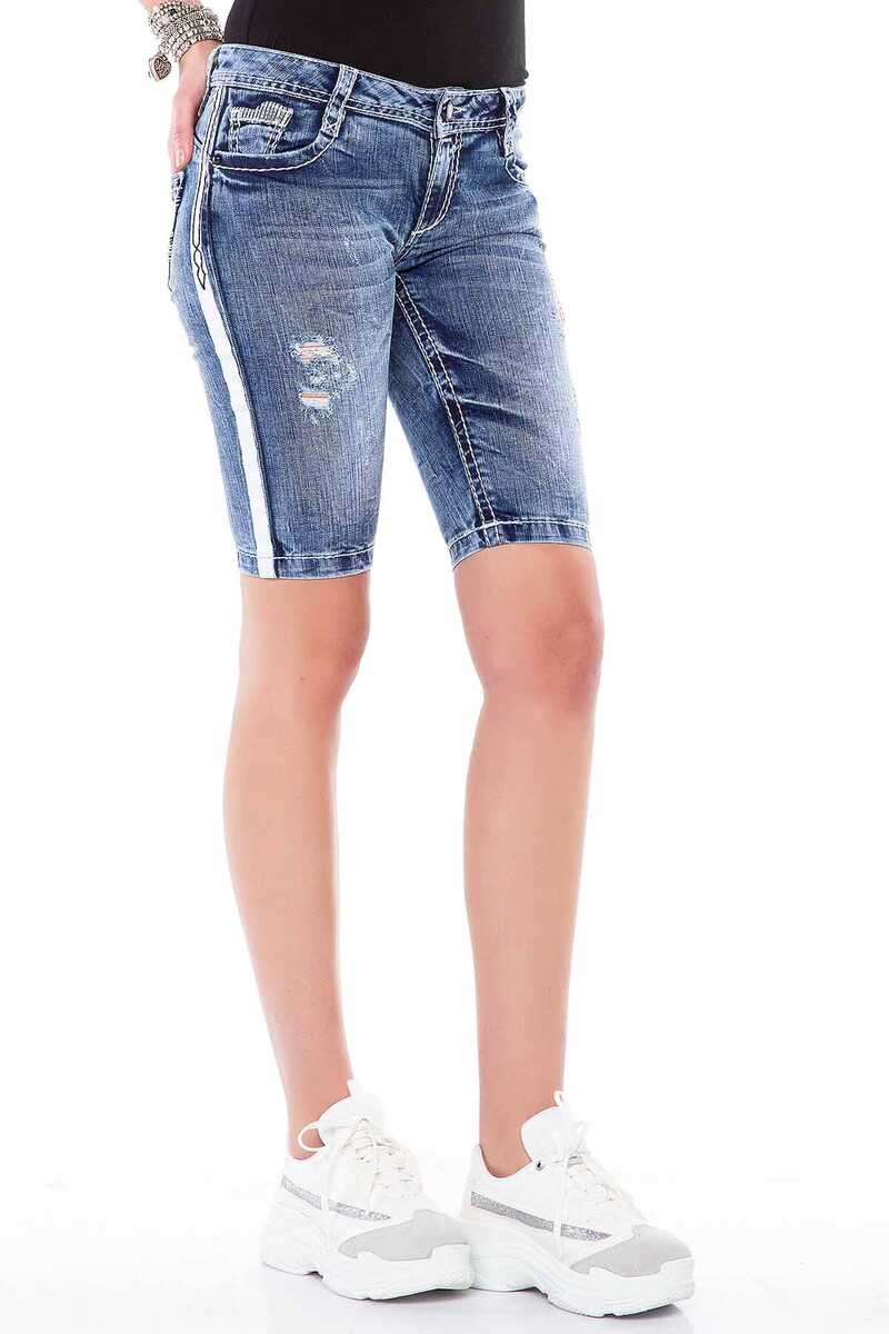 WK147 Şeritli Cepleri Nakışlı Kadın Kot Şort