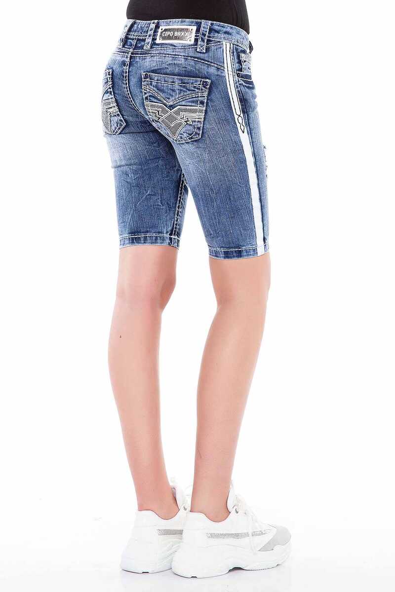 WK147 Şeritli Cepleri Nakışlı Kadın Kot Şort