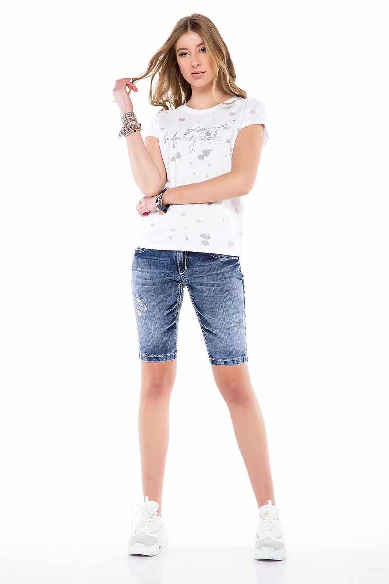 WK147 Şeritli Cepleri Nakışlı Kadın Kot Şort