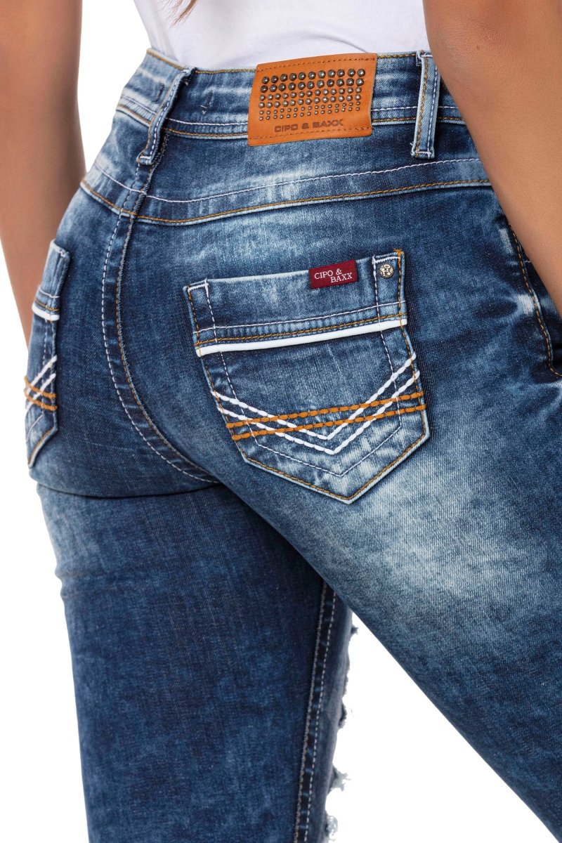 WK181 Yamalı Yırtık Uzun Kot Şort