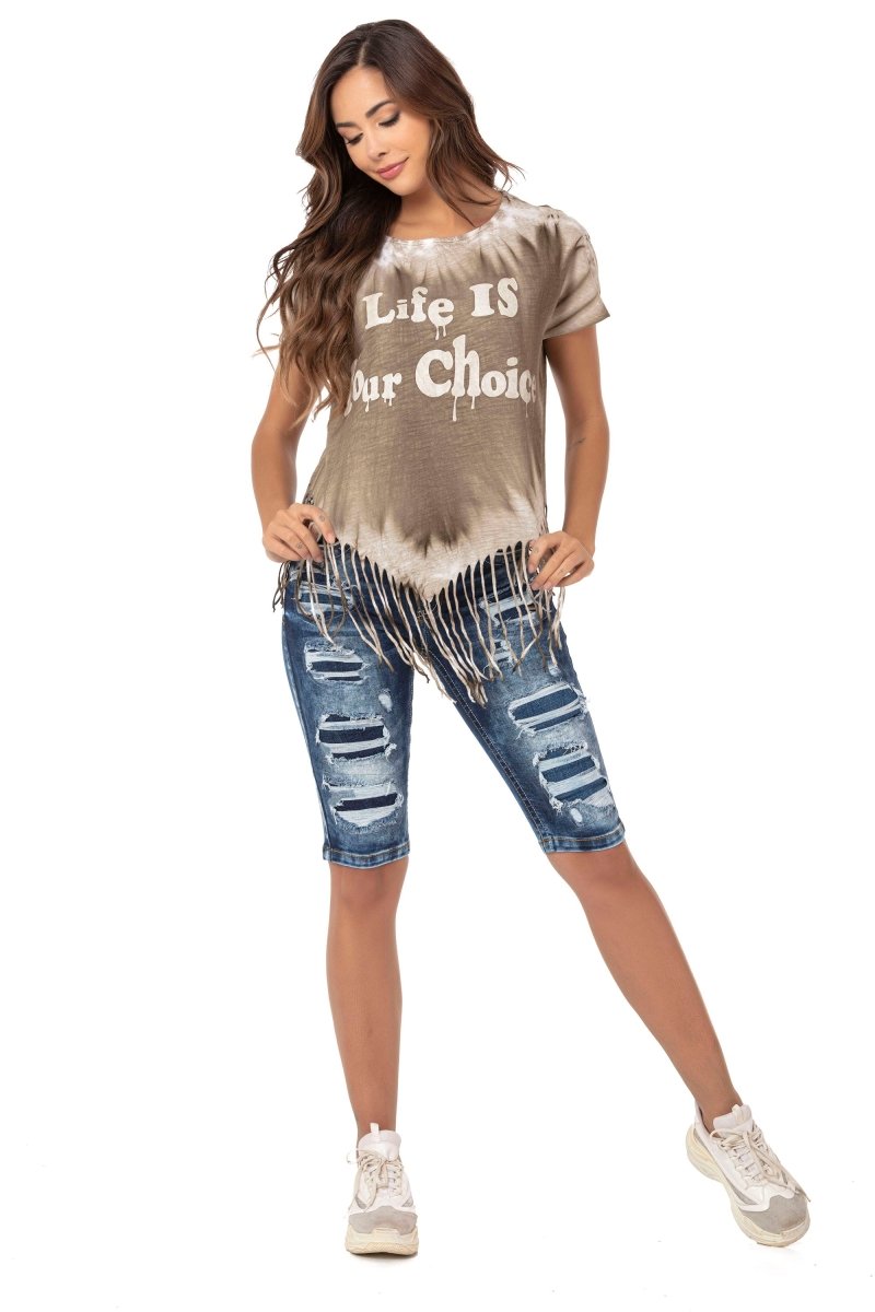 WK181 Yamalı Yırtık Uzun Kot Şort