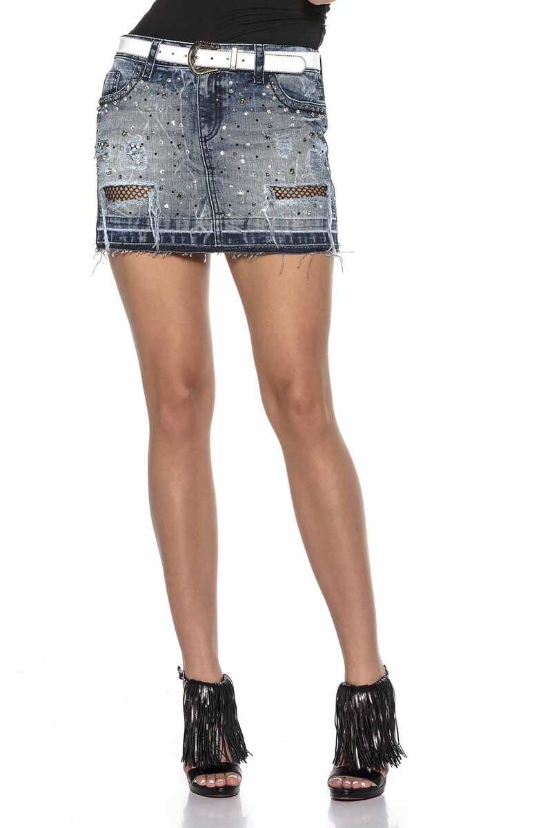 WY129 Yırtık Fileli Kadın Mini Kot Etek