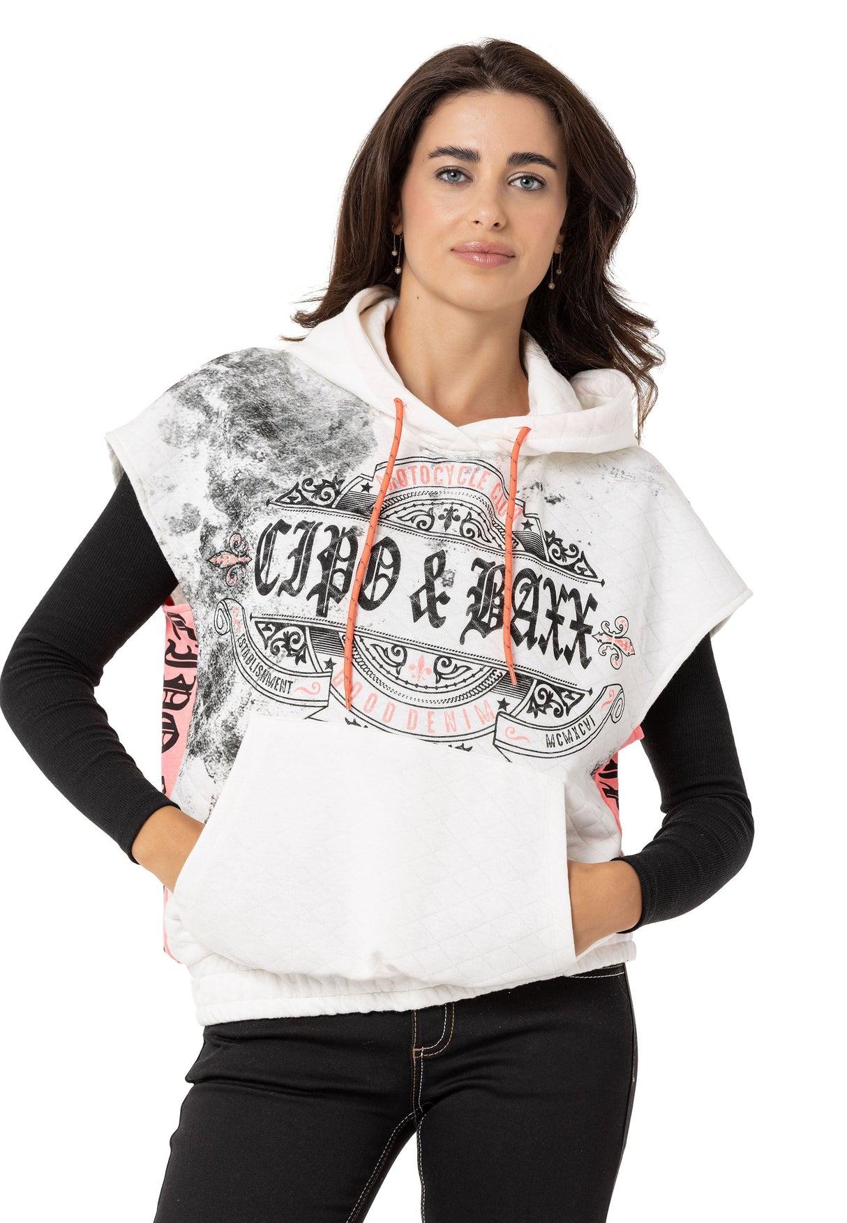 WT374 Kadın T-Shirt Sıfır Kol Hoodie