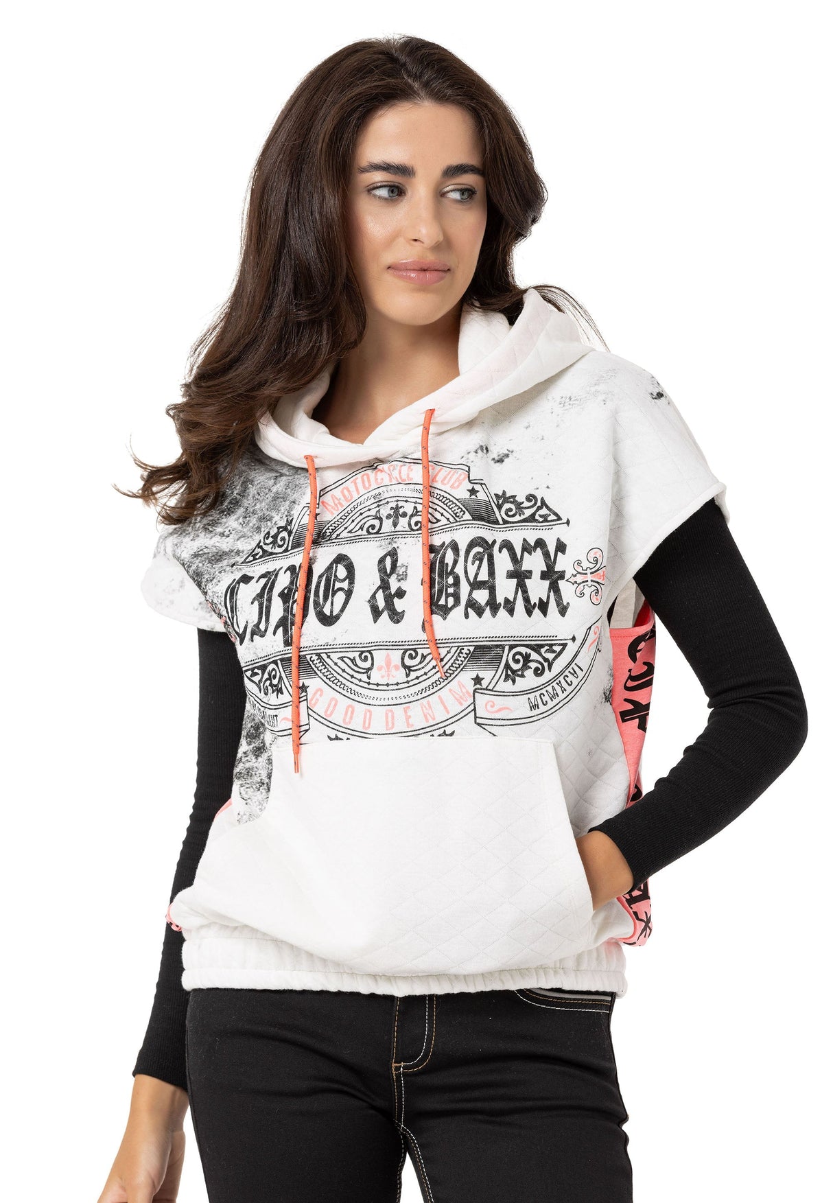 WT374 Kadın T-Shirt Sıfır Kol Hoodie