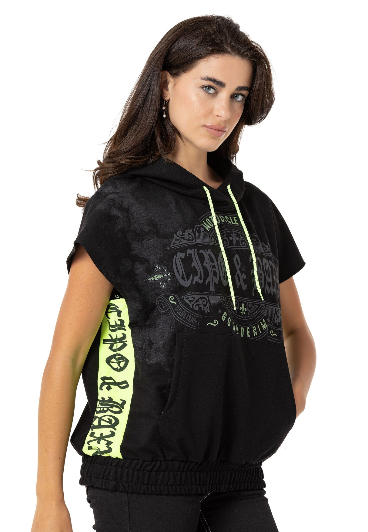 WT374 Kadın T-Shirt Sıfır Kol Hoodie