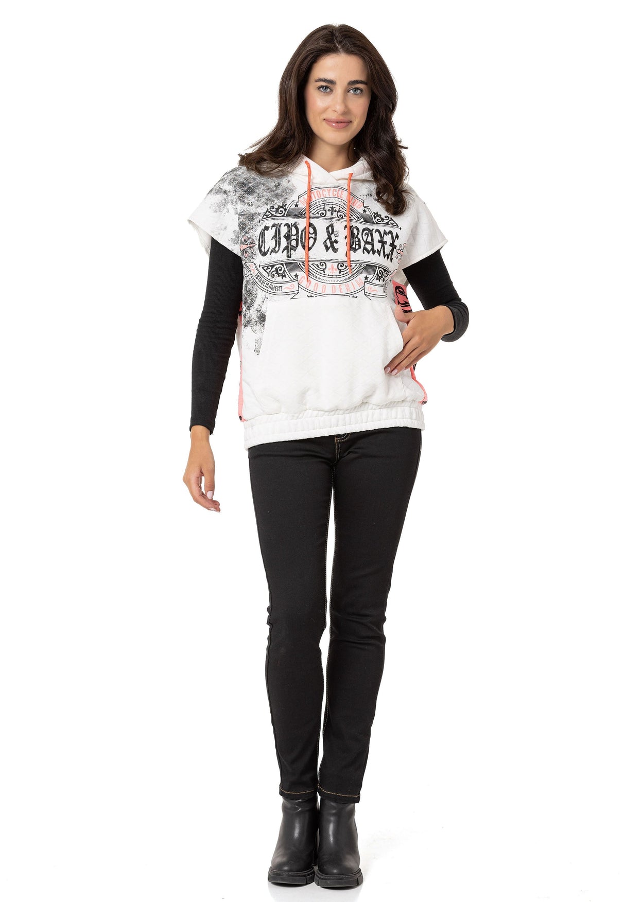 WT374 Kadın T-Shirt Sıfır Kol Hoodie