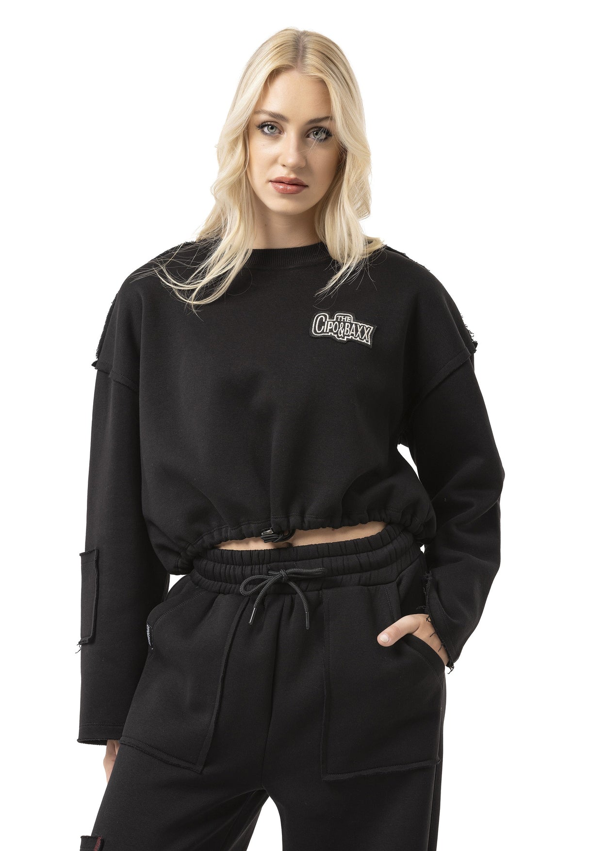 WL370 Kadın Kısa Sweatshirt - Bağcıklı ve Logo Baskılı Siyah Kısa Kazak