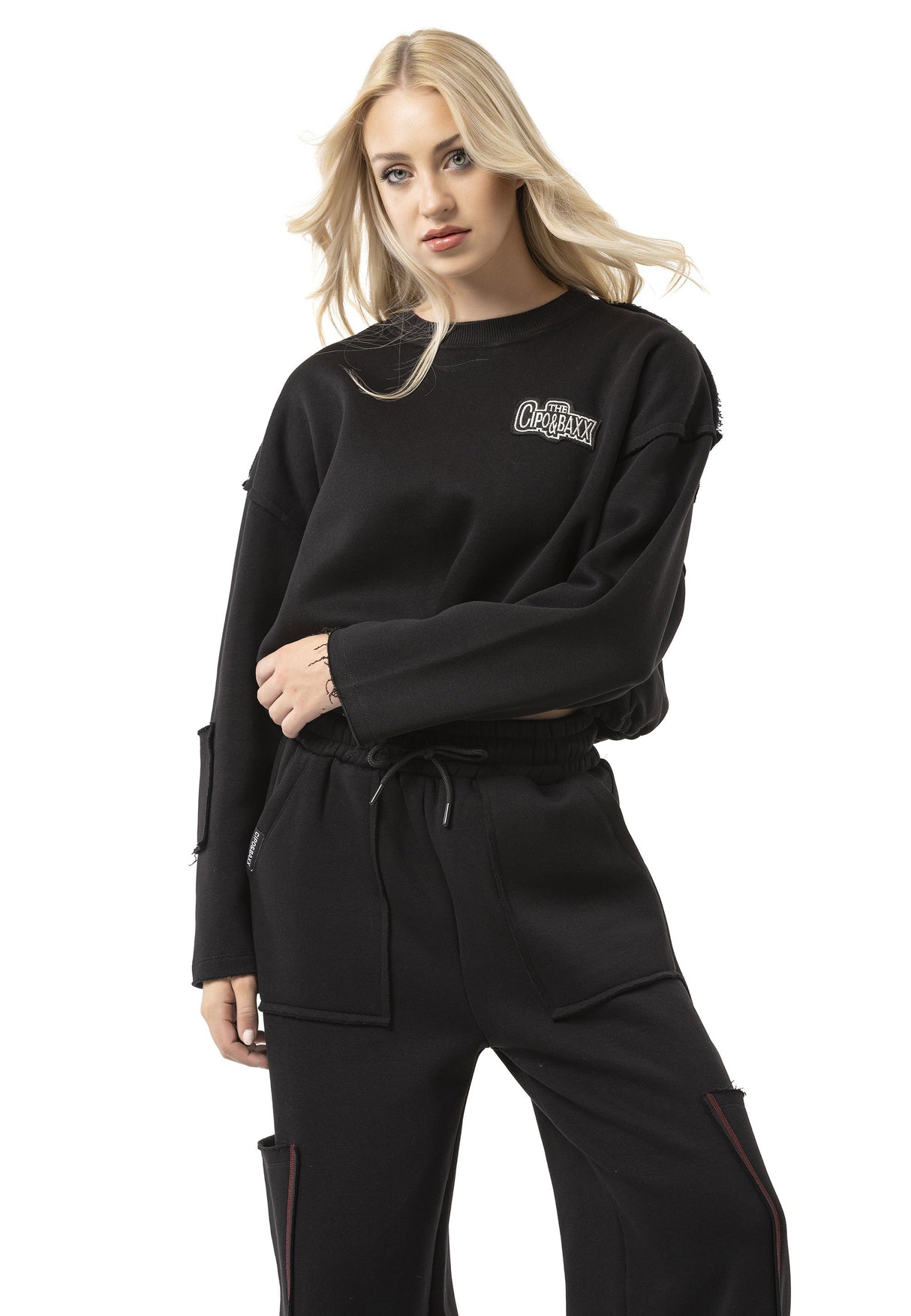 WL370 Kadın Kısa Sweatshirt - Bağcıklı ve Logo Baskılı Siyah Kısa Kazak