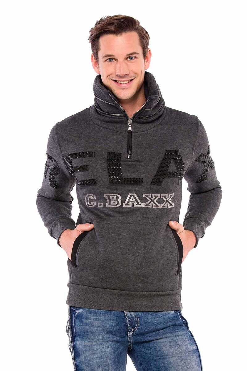 CL385 Taşlı Relax Fit Dik Fermuar Yaka Kalın Sweatshirt