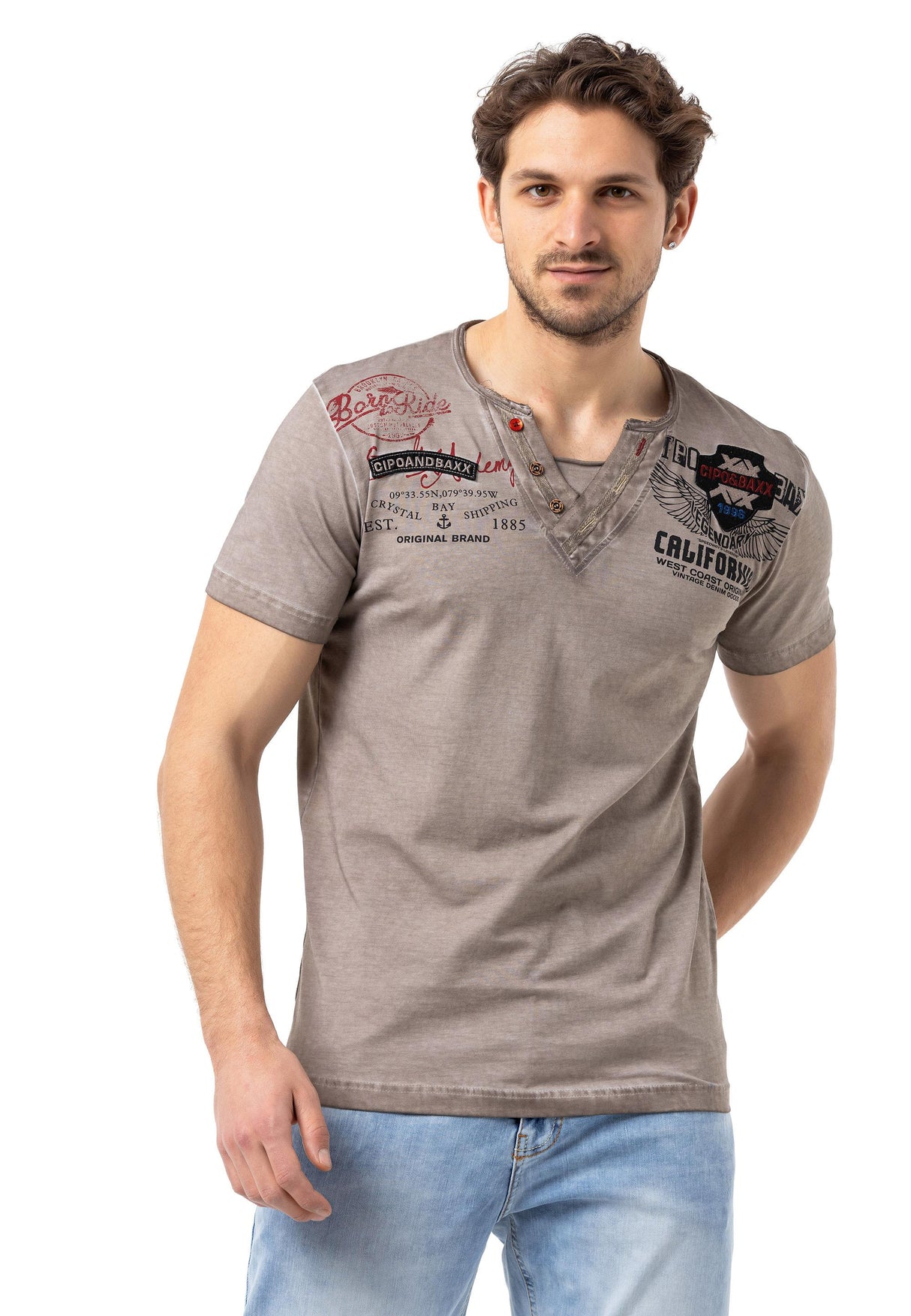 CT783 Men’s Buttoned V-Neck T-Shirt with California Print