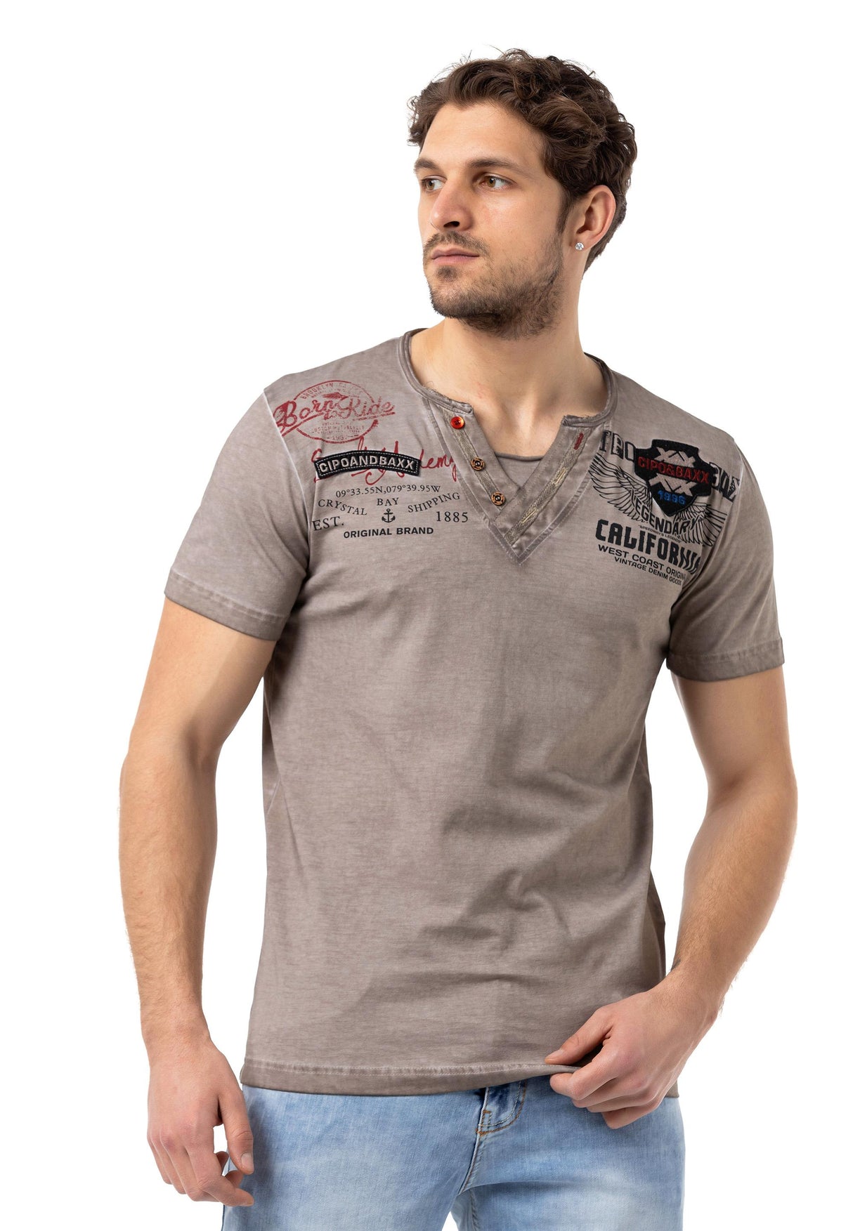 CT783 Men’s Buttoned V-Neck T-Shirt with California Print