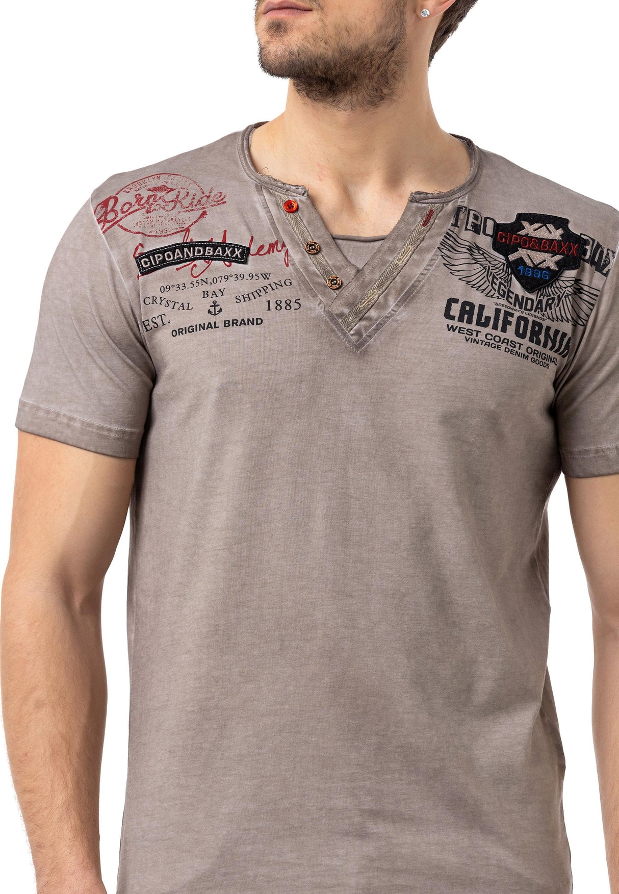 CT783 Men’s Buttoned V-Neck T-Shirt with California Print