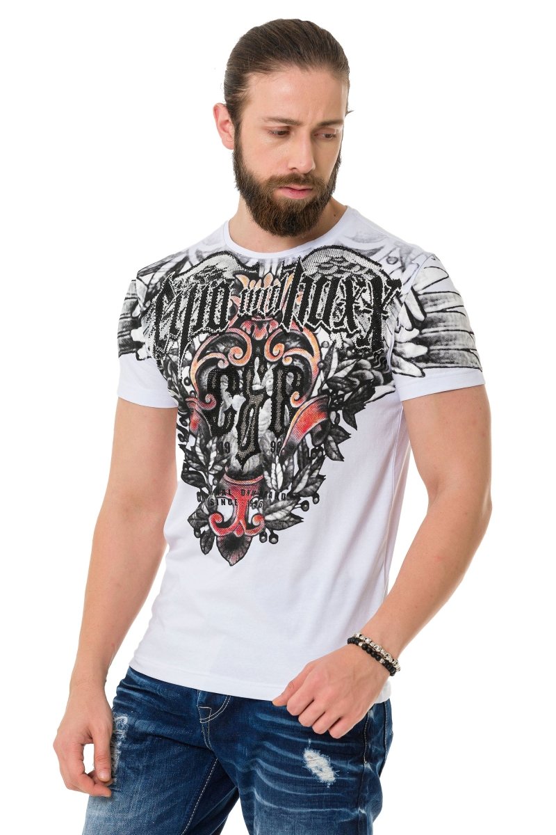 CT728 Taşlı Vintage Baskı Tişört