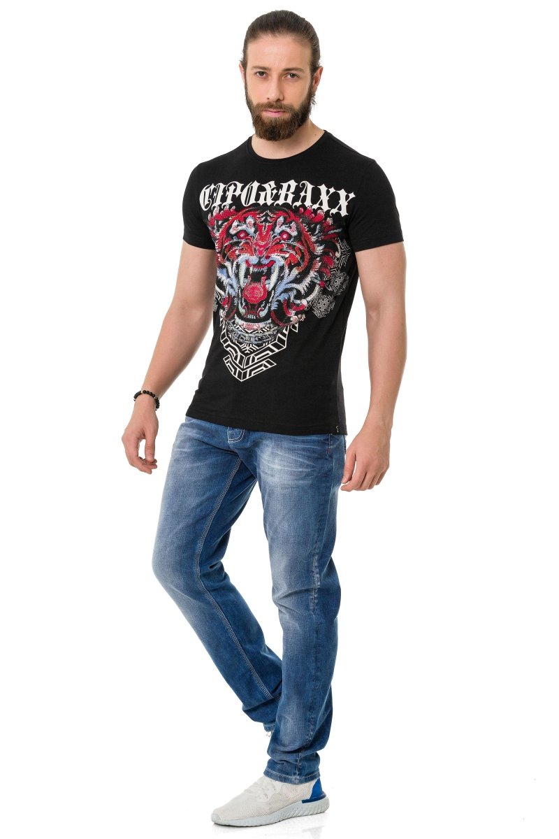 CT729 Taşlı Kaplan Desenli Tişört