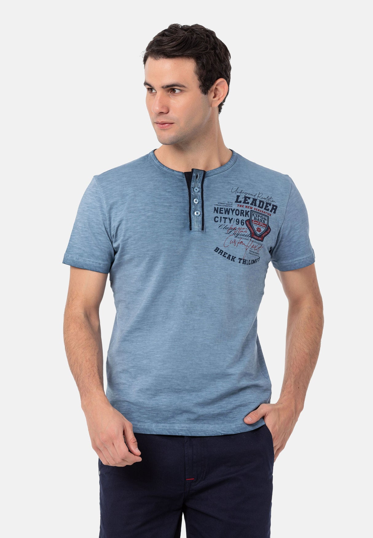 CT761 Washed Buttoned Basic Tee with Rugged Charm