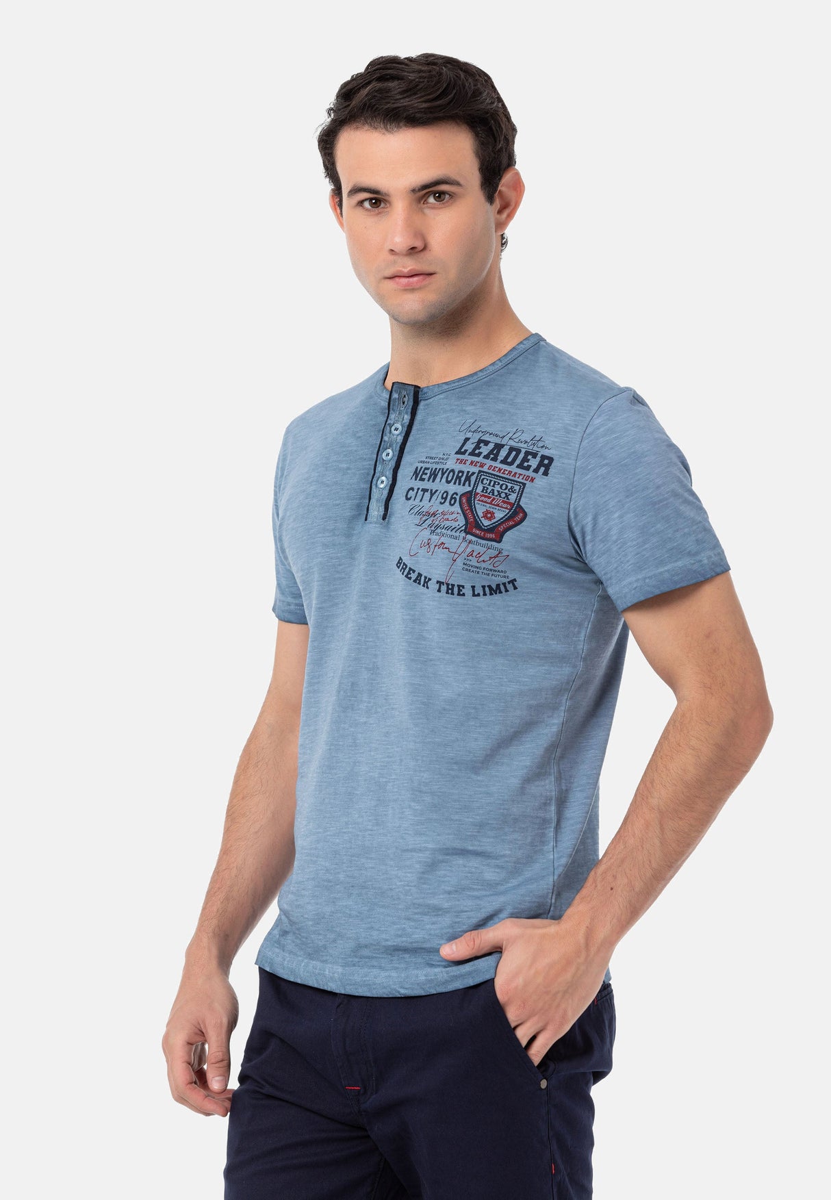 CT761 Washed Buttoned Basic Tee with Rugged Charm
