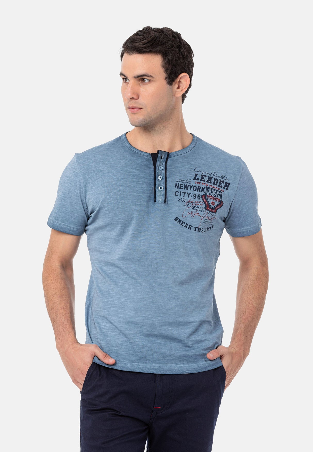 CT761 Washed Buttoned Basic Tee with Rugged Charm