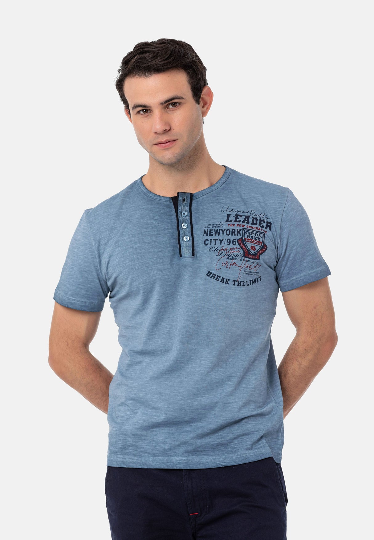 CT761 Washed Buttoned Basic Tee with Rugged Charm