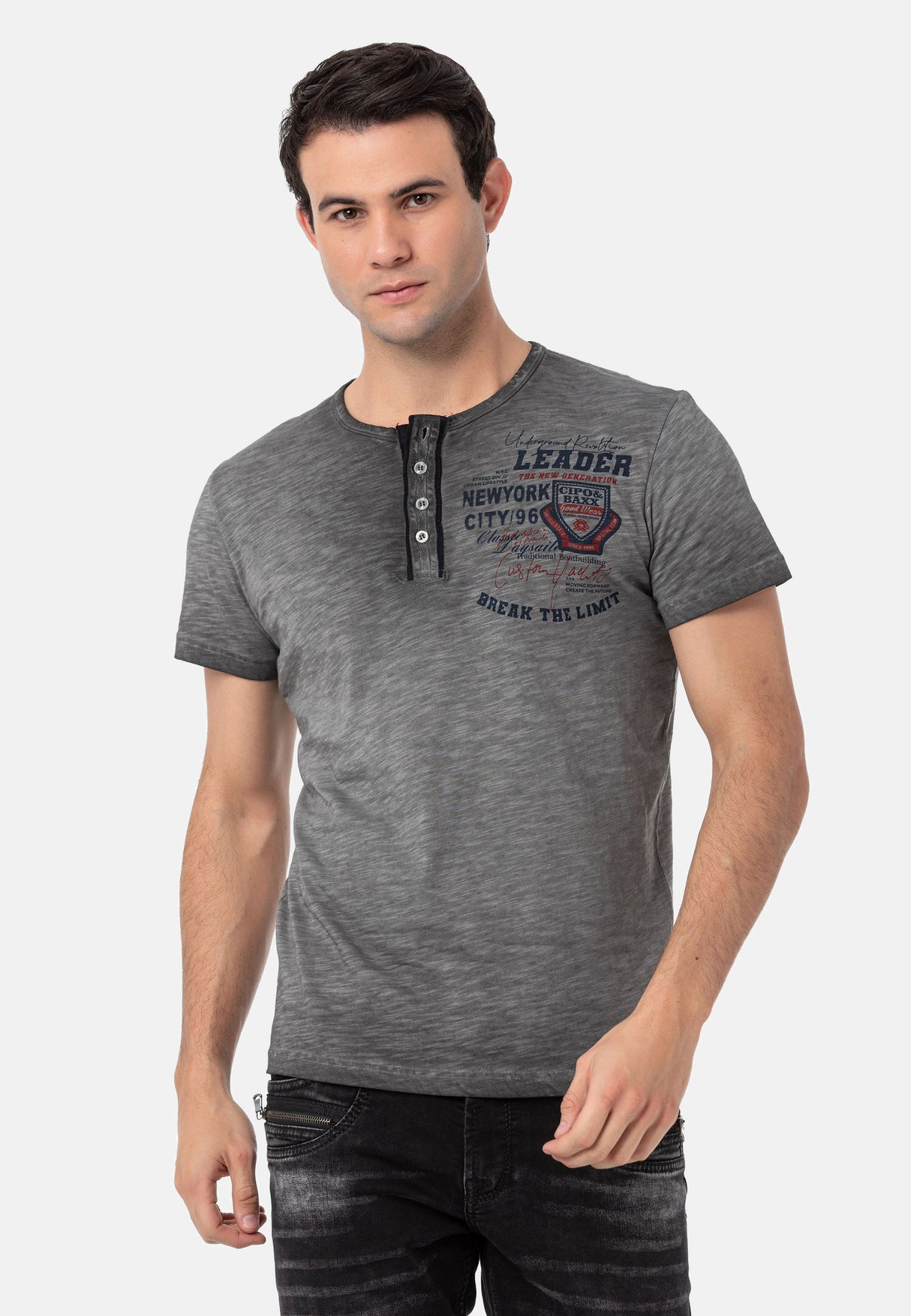 CT761 Washed Buttoned Basic Tee with Rugged Charm