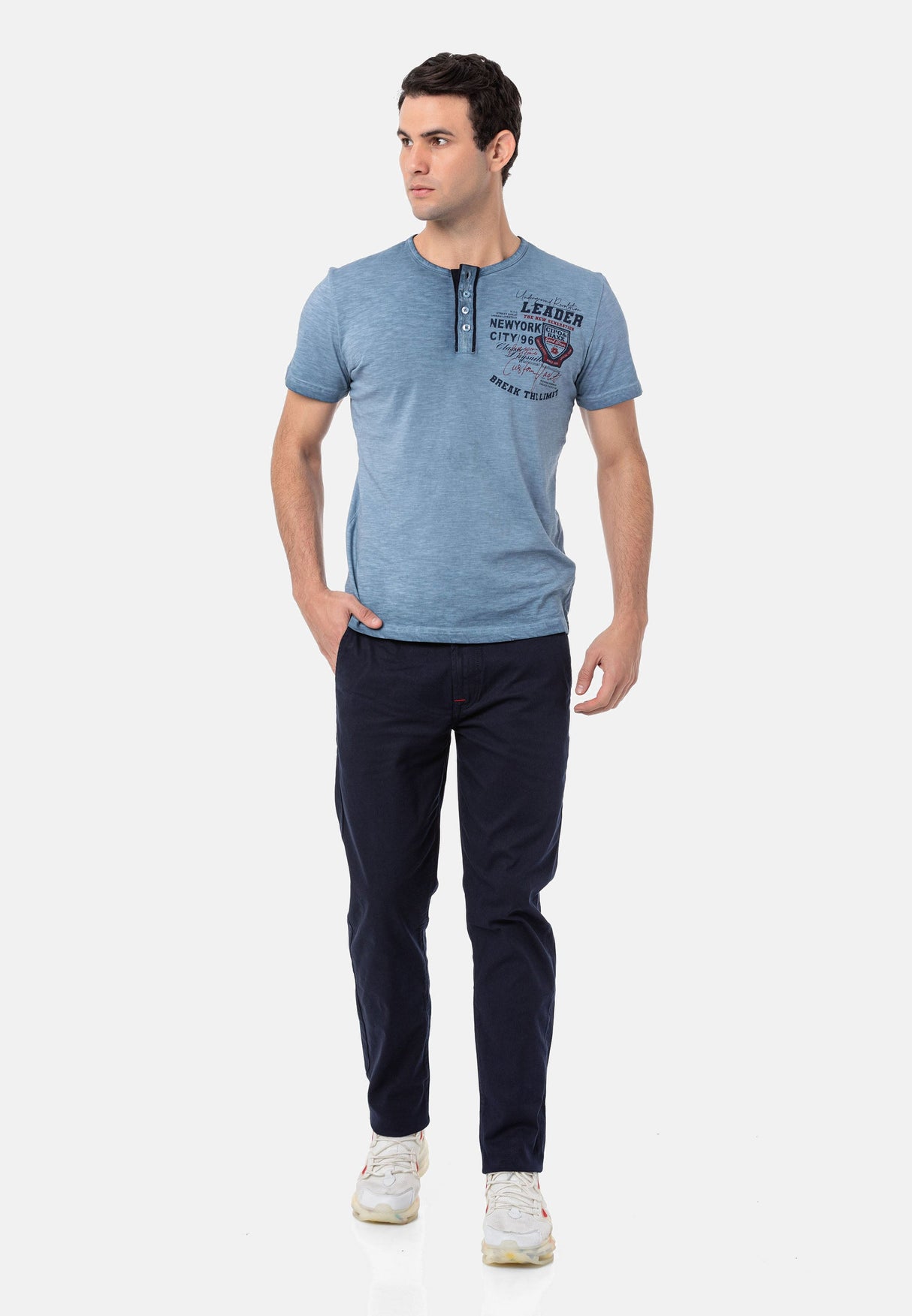 CT761 Washed Buttoned Basic Tee with Rugged Charm
