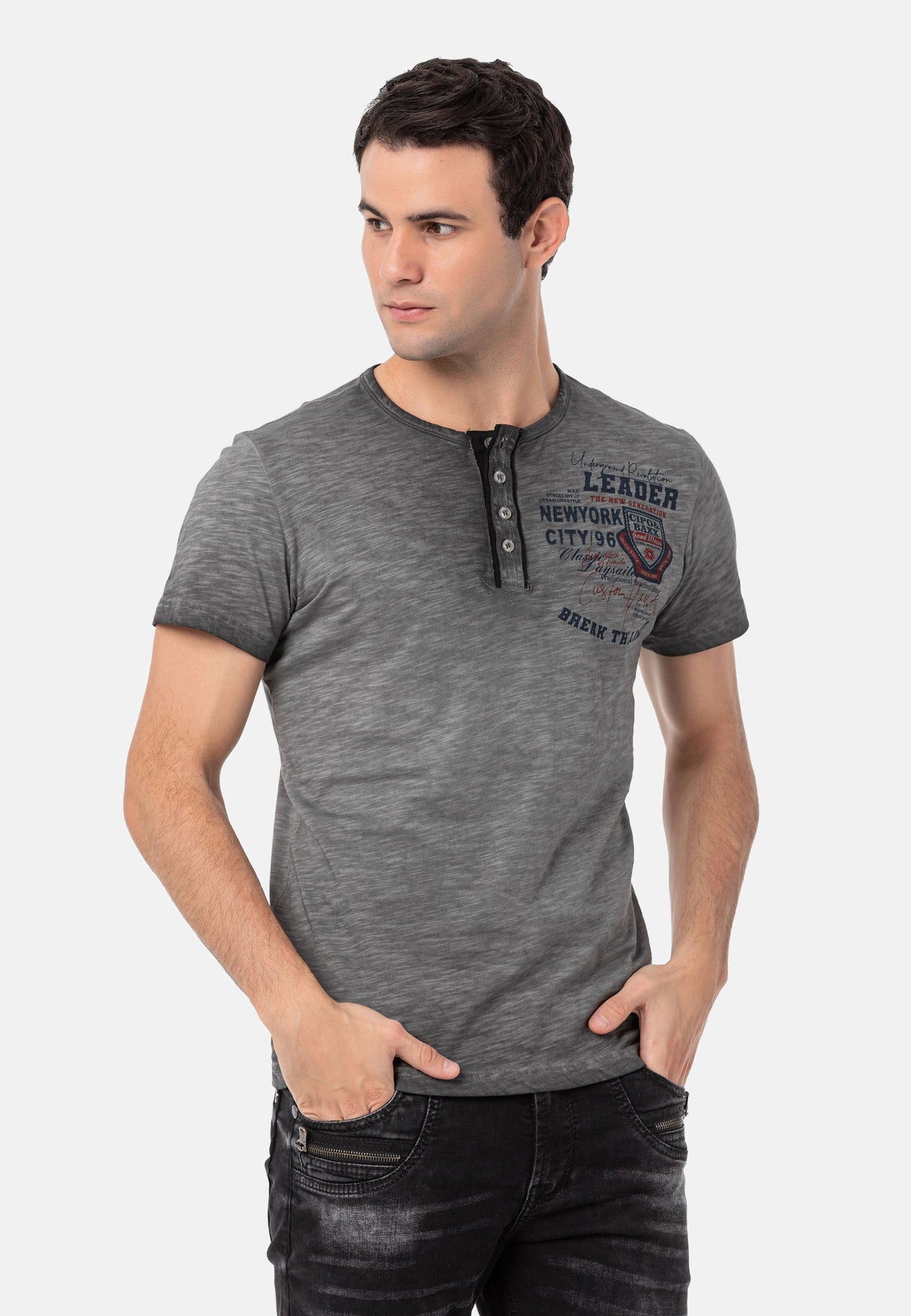 CT761 Washed Buttoned Basic Tee with Rugged Charm