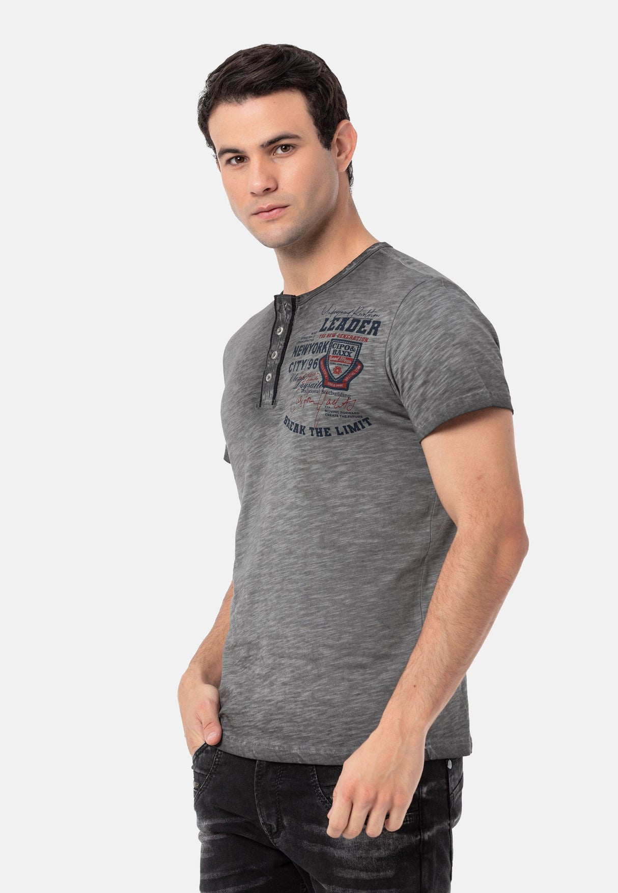 CT761 Washed Buttoned Basic Tee with Rugged Charm