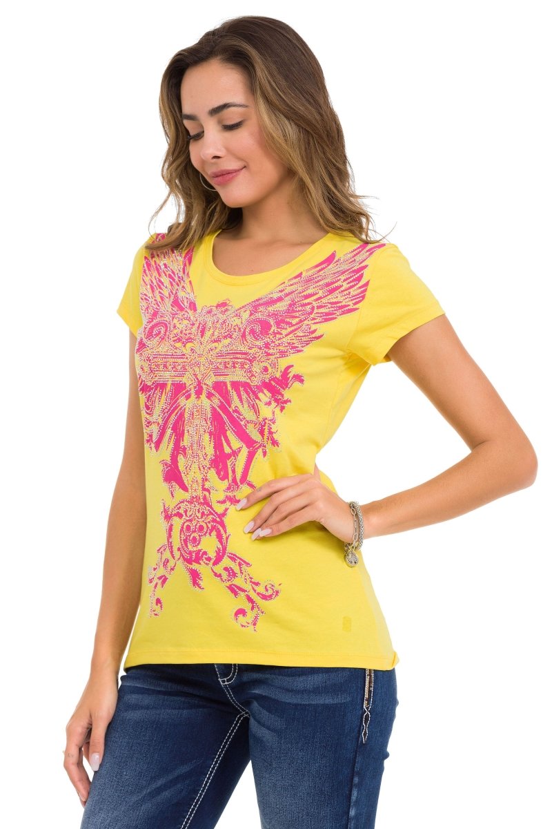 WT341 Parlak Taşlı Angel Cross Tişört