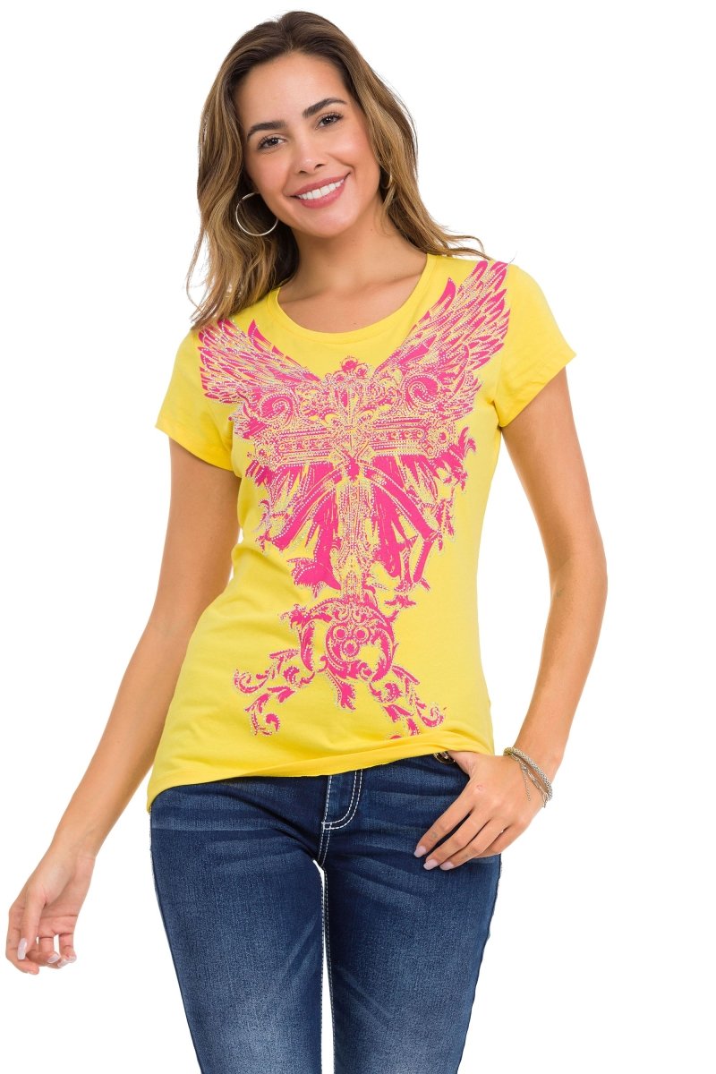 WT341 Parlak Taşlı Angel Cross Tişört