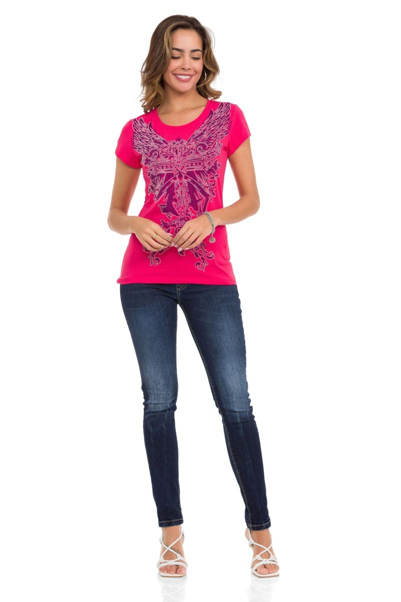 WT341 Parlak Taşlı Angel Cross Tişört