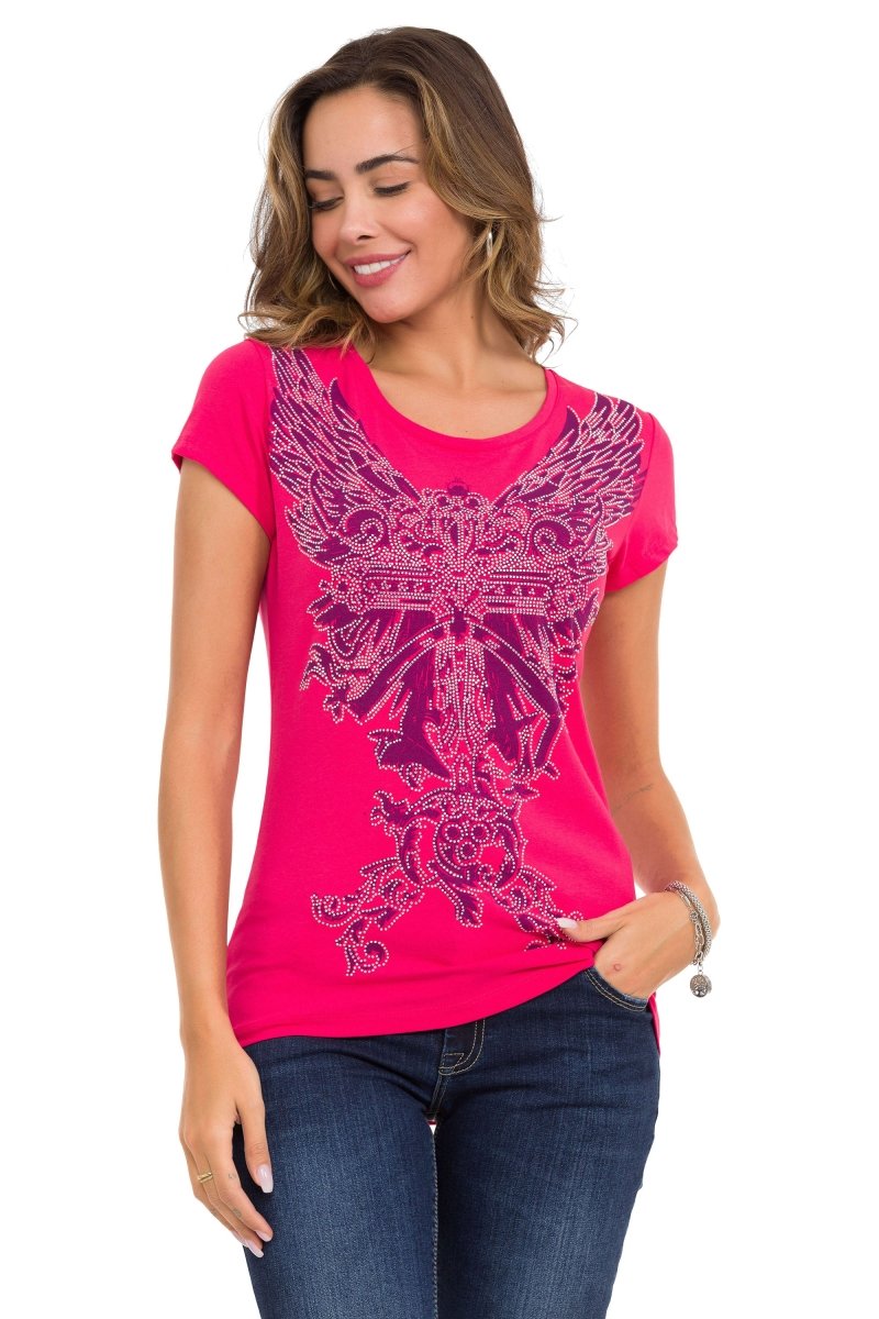 WT341 Parlak Taşlı Angel Cross Tişört