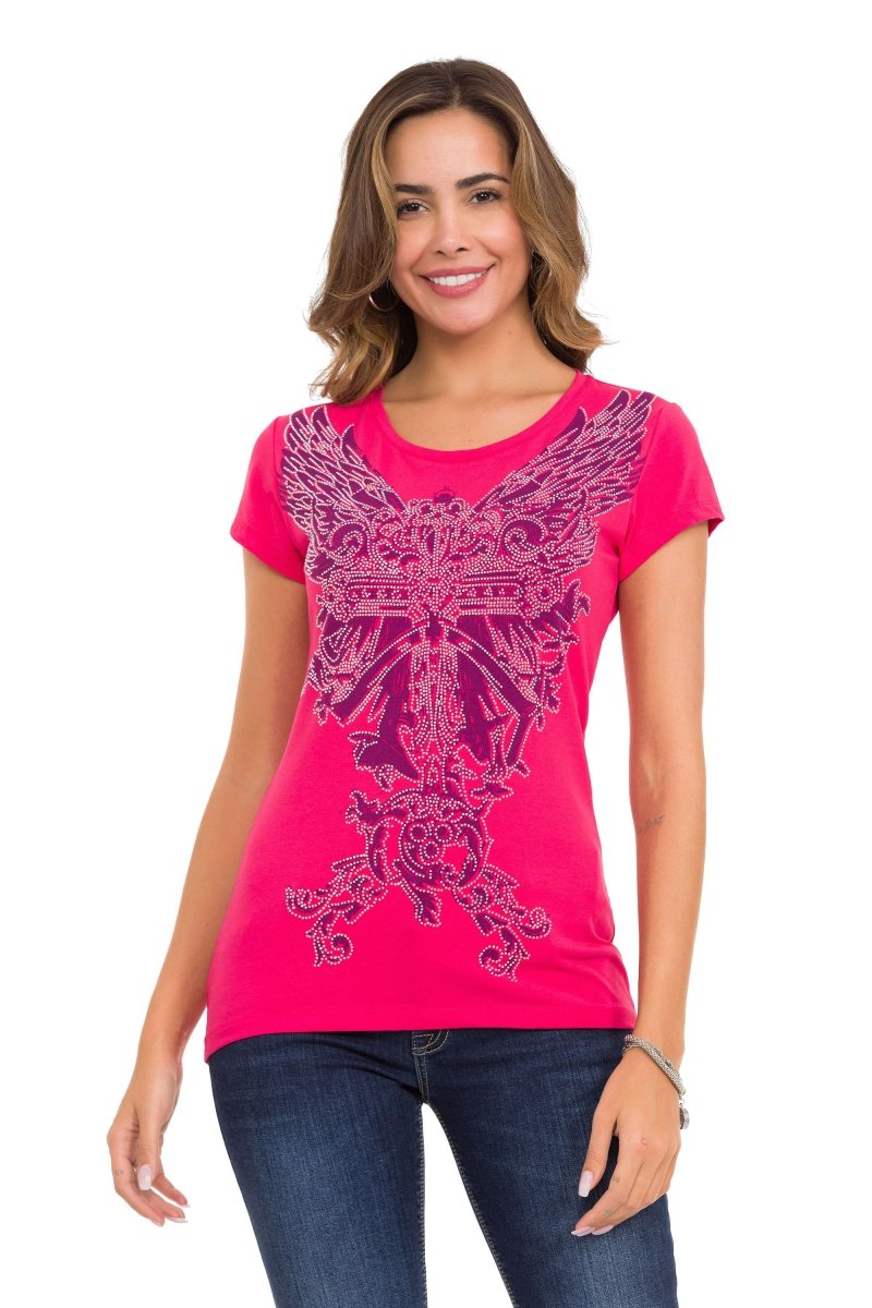 WT341 Parlak Taşlı Angel Cross Tişört