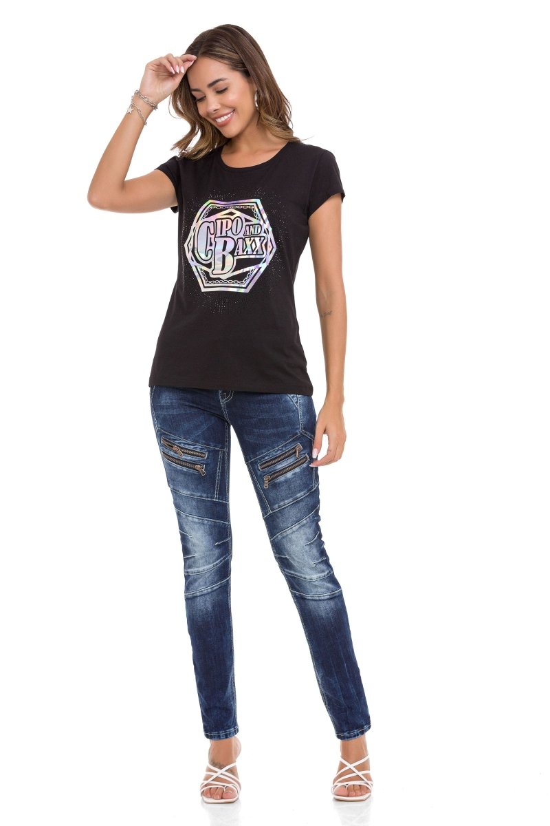 WT342 Taşlı Gümüş Baskılı Tişört