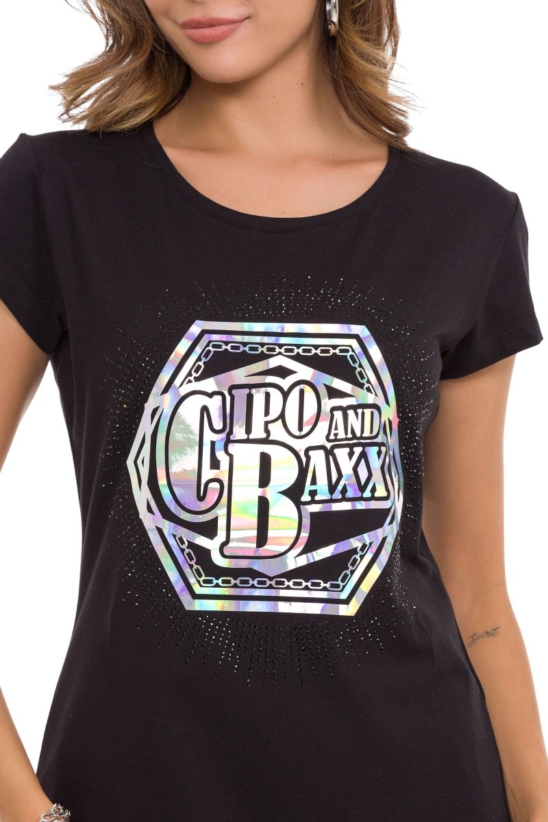 WT342 Taşlı Gümüş Baskılı Tişört