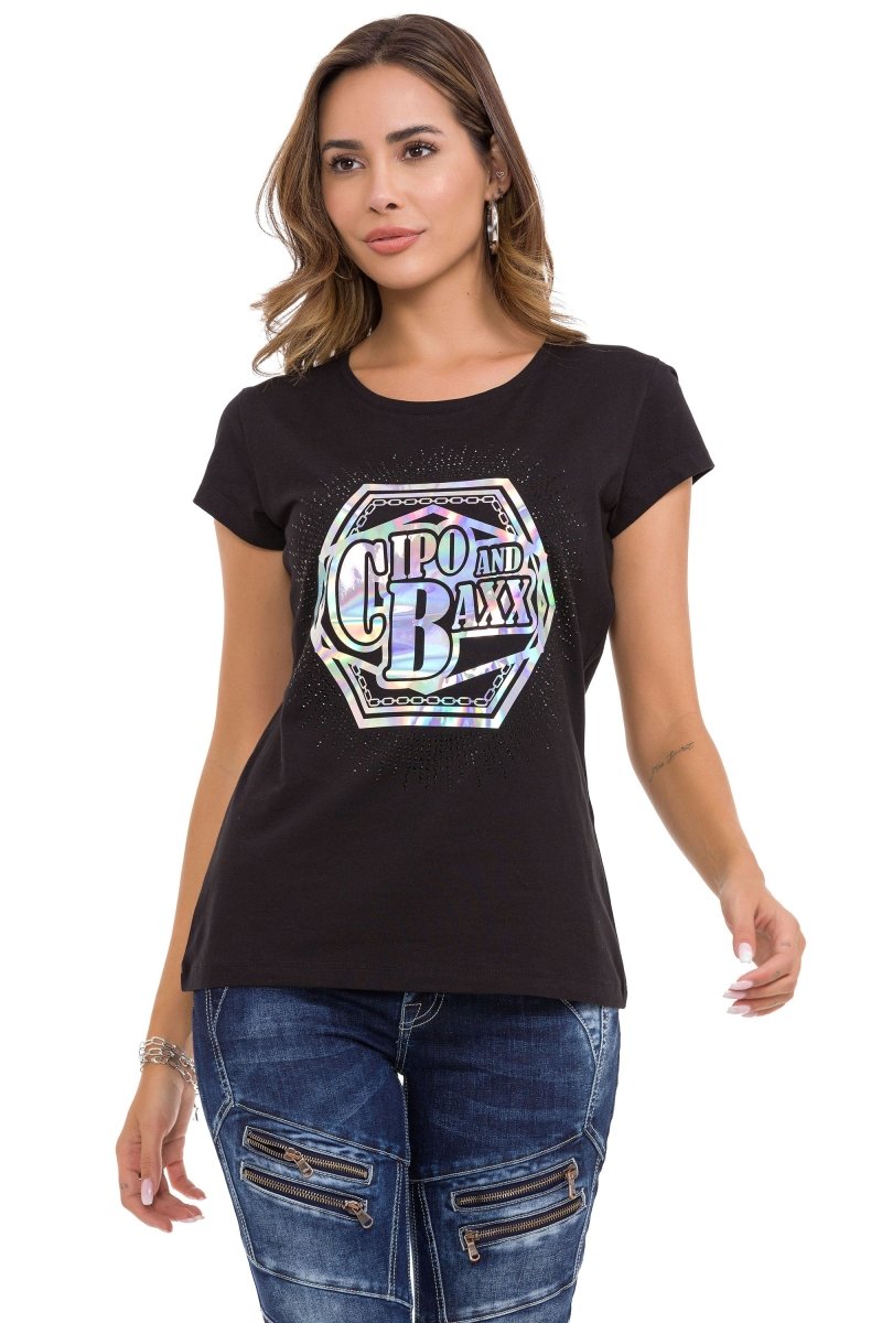 WT342 Taşlı Gümüş Baskılı Tişört