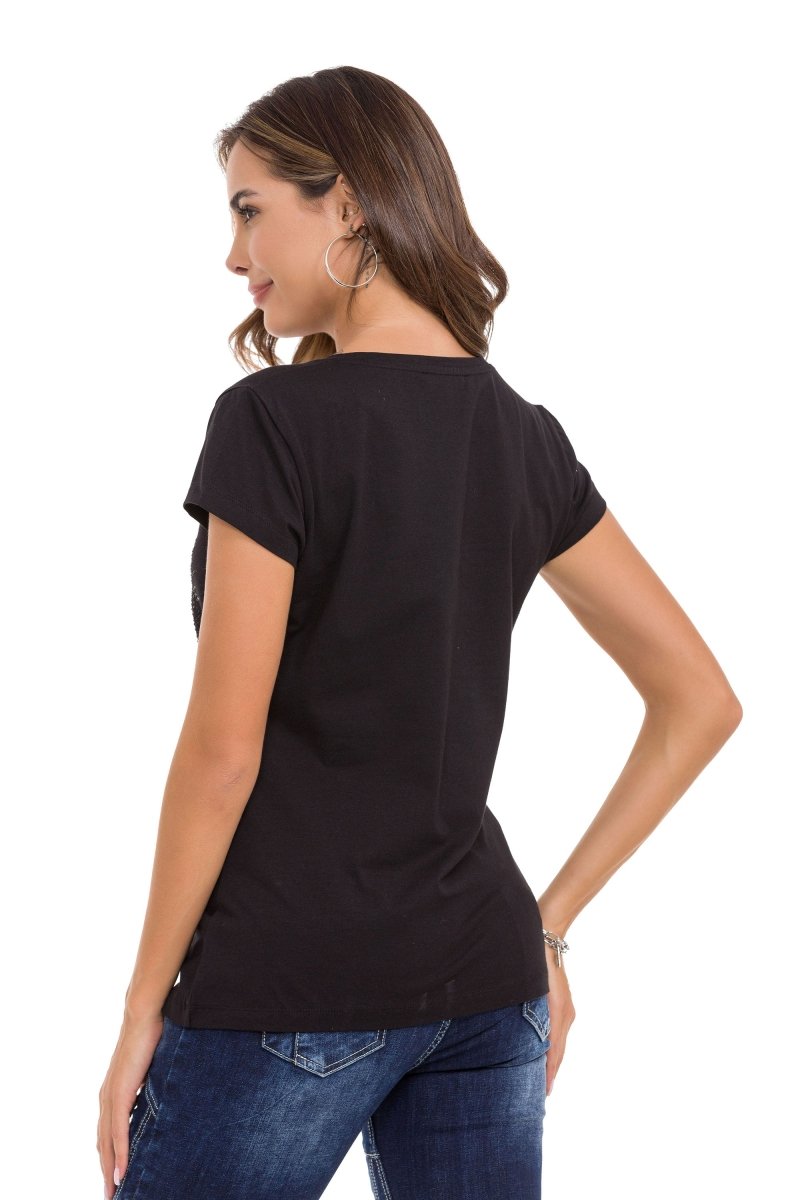 WT342 Taşlı Gümüş Baskılı Tişört