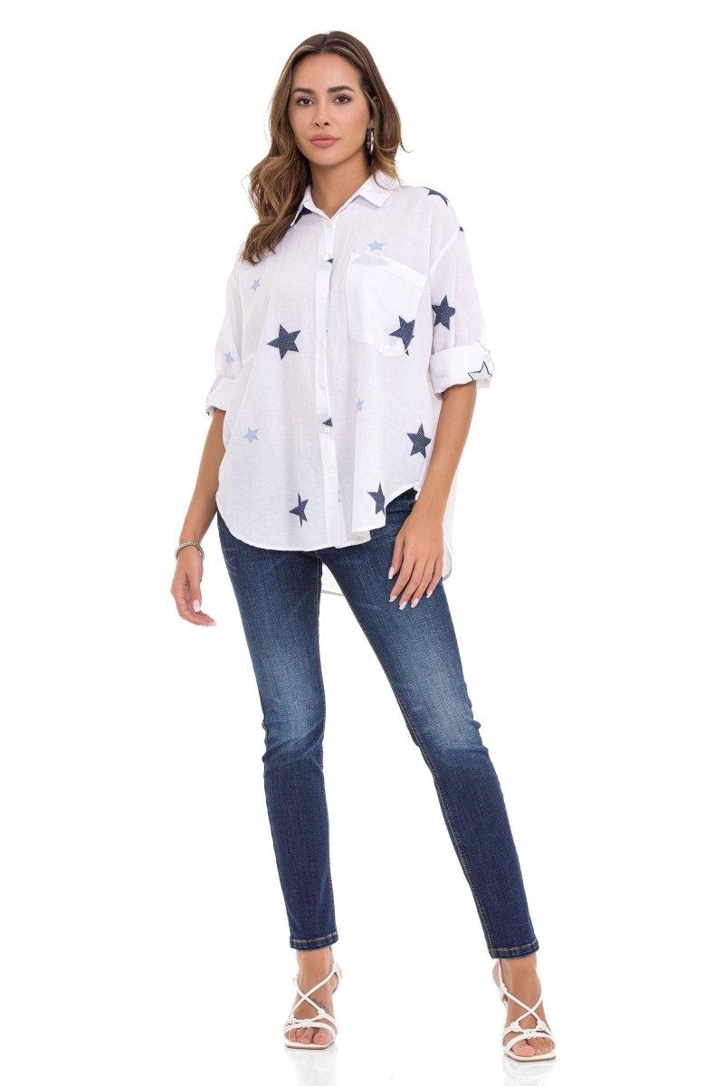WH127 Yıldız Detaylı Oversize Keten Gömlek