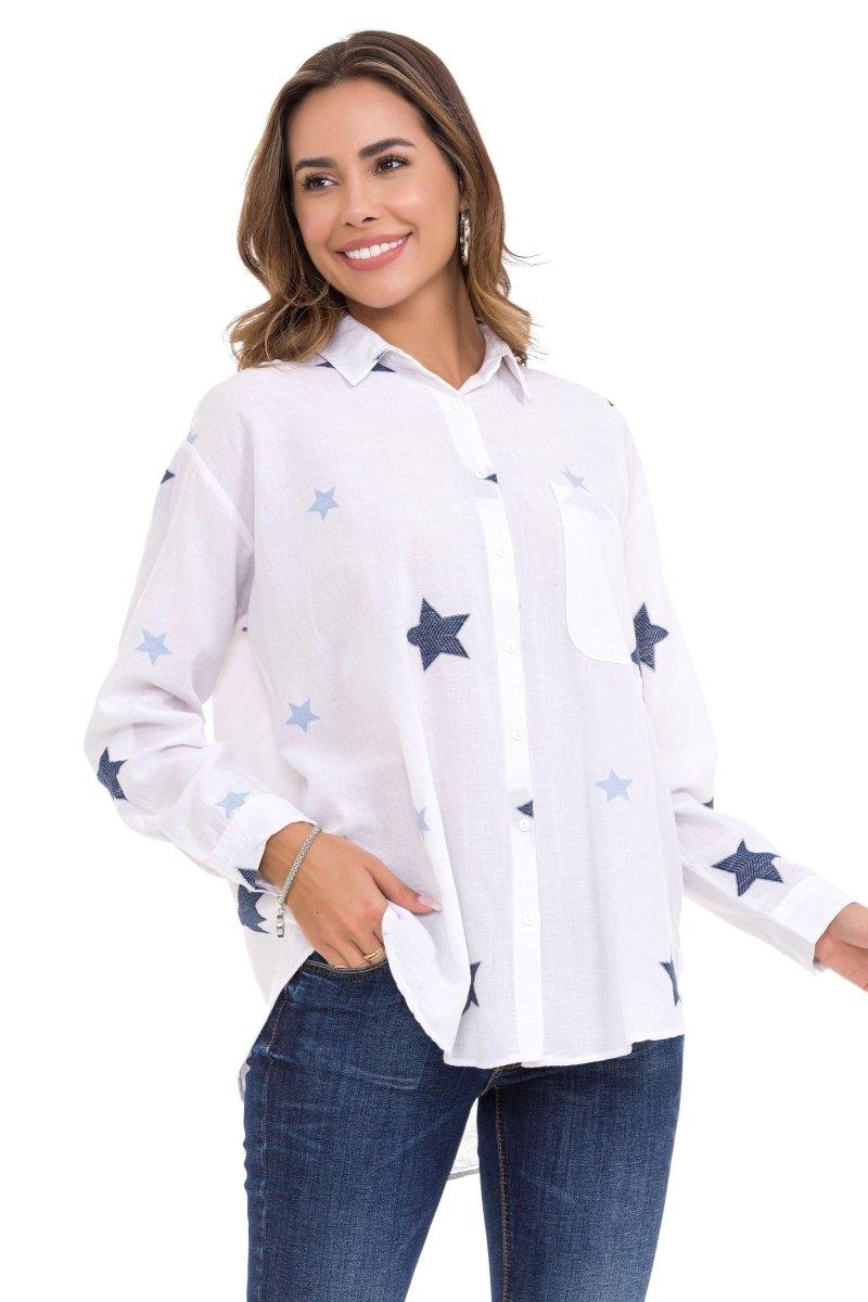 WH127 Yıldız Detaylı Oversize Keten Gömlek