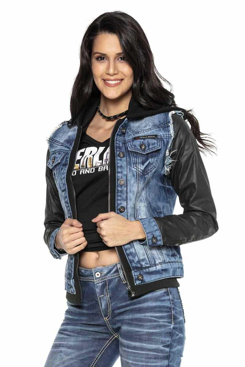 WJ184 Deri Kol Kapşonlu Kadın Kot Ceket