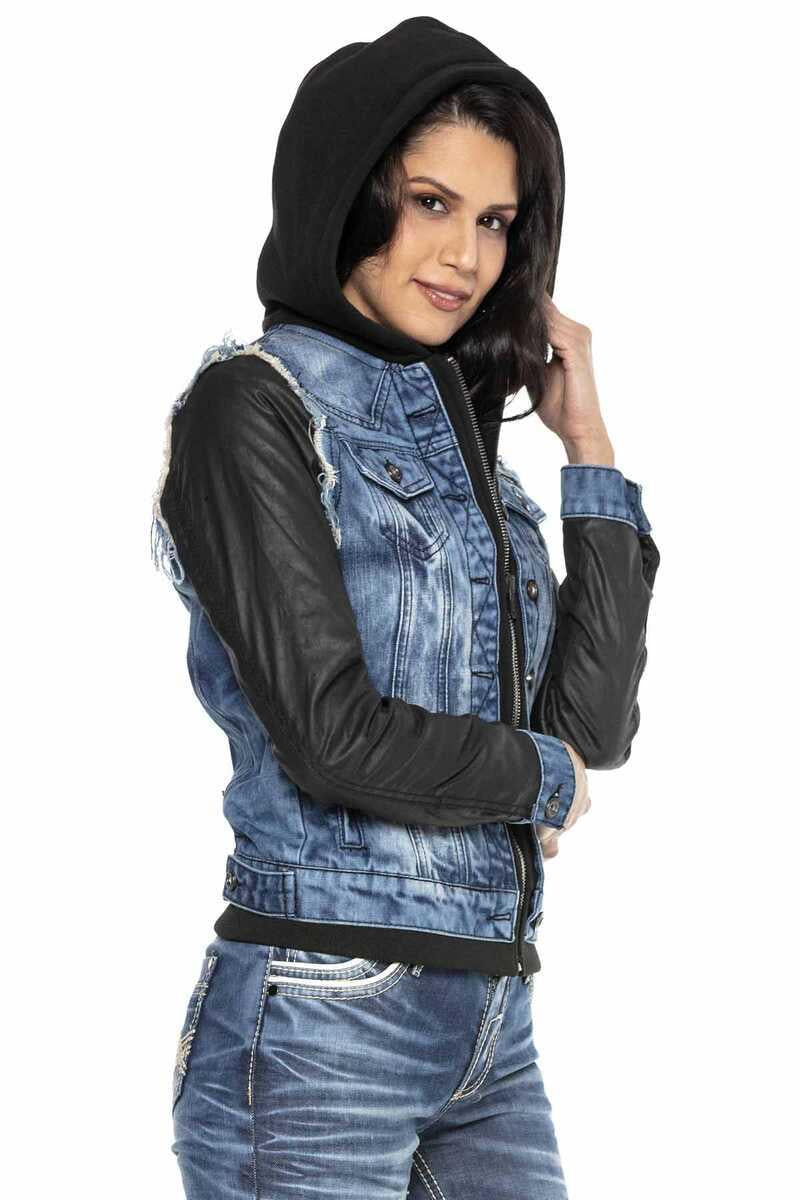 WJ184 Deri Kol Kapşonlu Kadın Kot Ceket