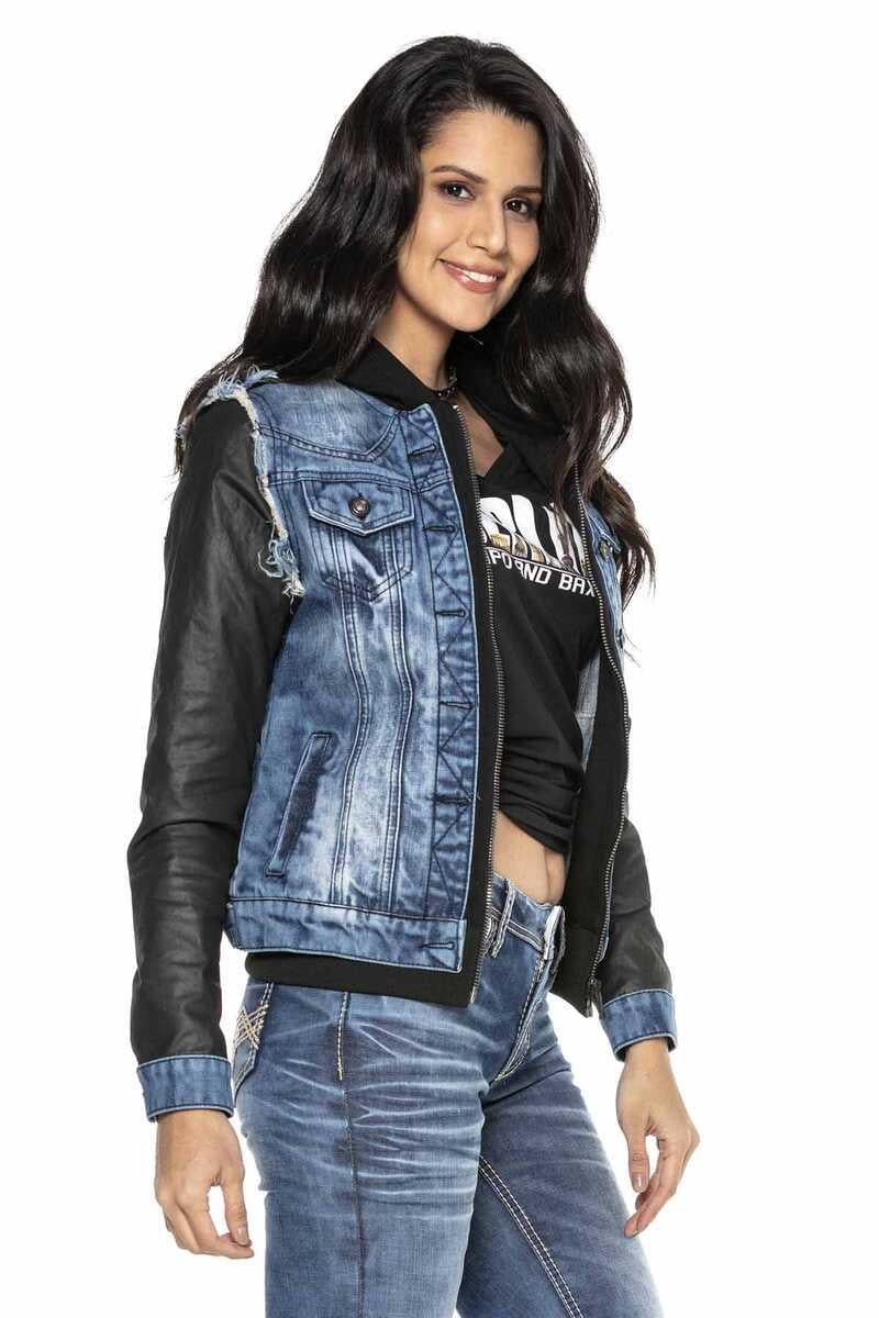 WJ184 Deri Kol Kapşonlu Kadın Kot Ceket