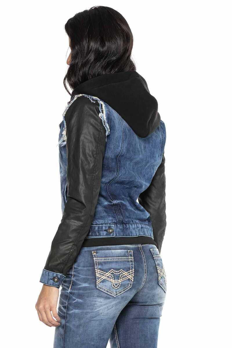 WJ184 Deri Kol Kapşonlu Kadın Kot Ceket