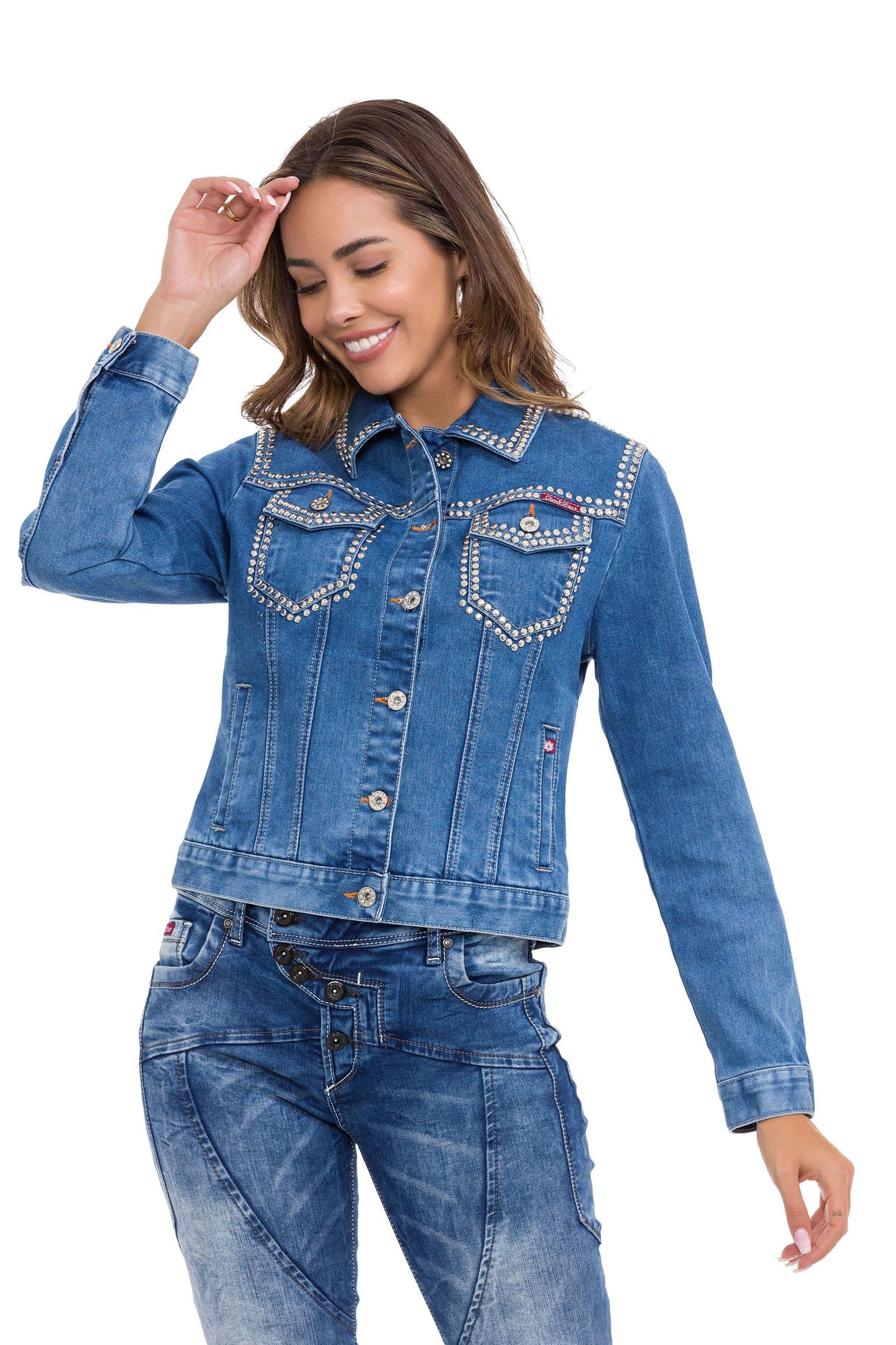WJ213 Kadın Gümüş İşlemeli Denim Ceket