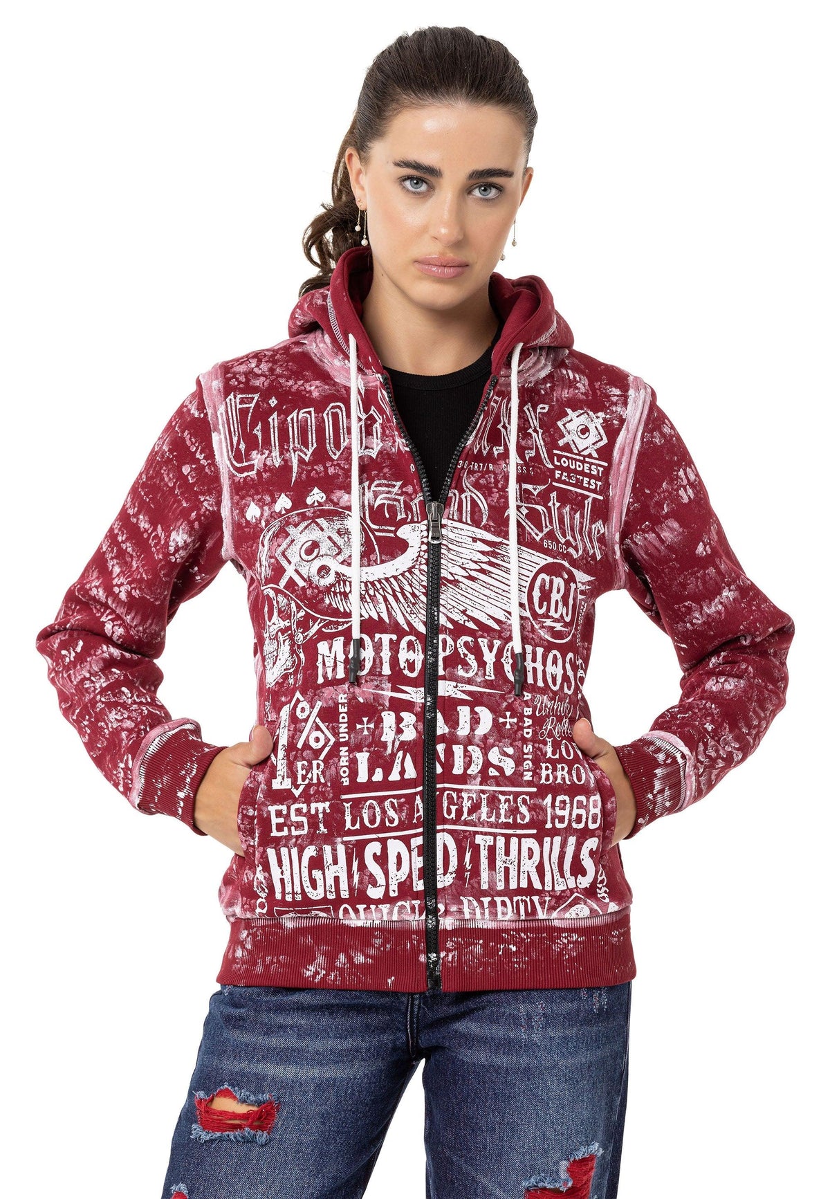Kadın Grafik Baskılı Kapüşonlu Fermuarlı Sweatshirt WL352