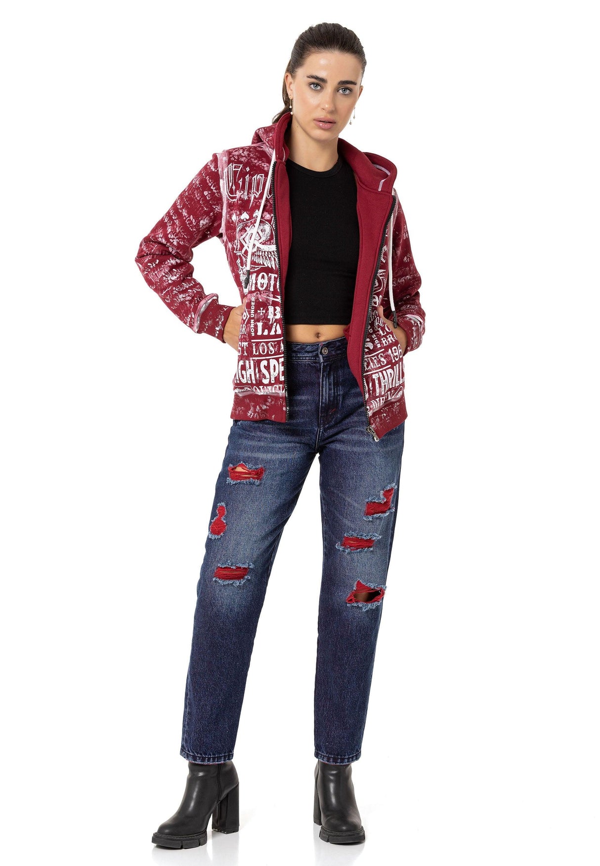 WL352 Kadın Baskılı Zip Hoodie