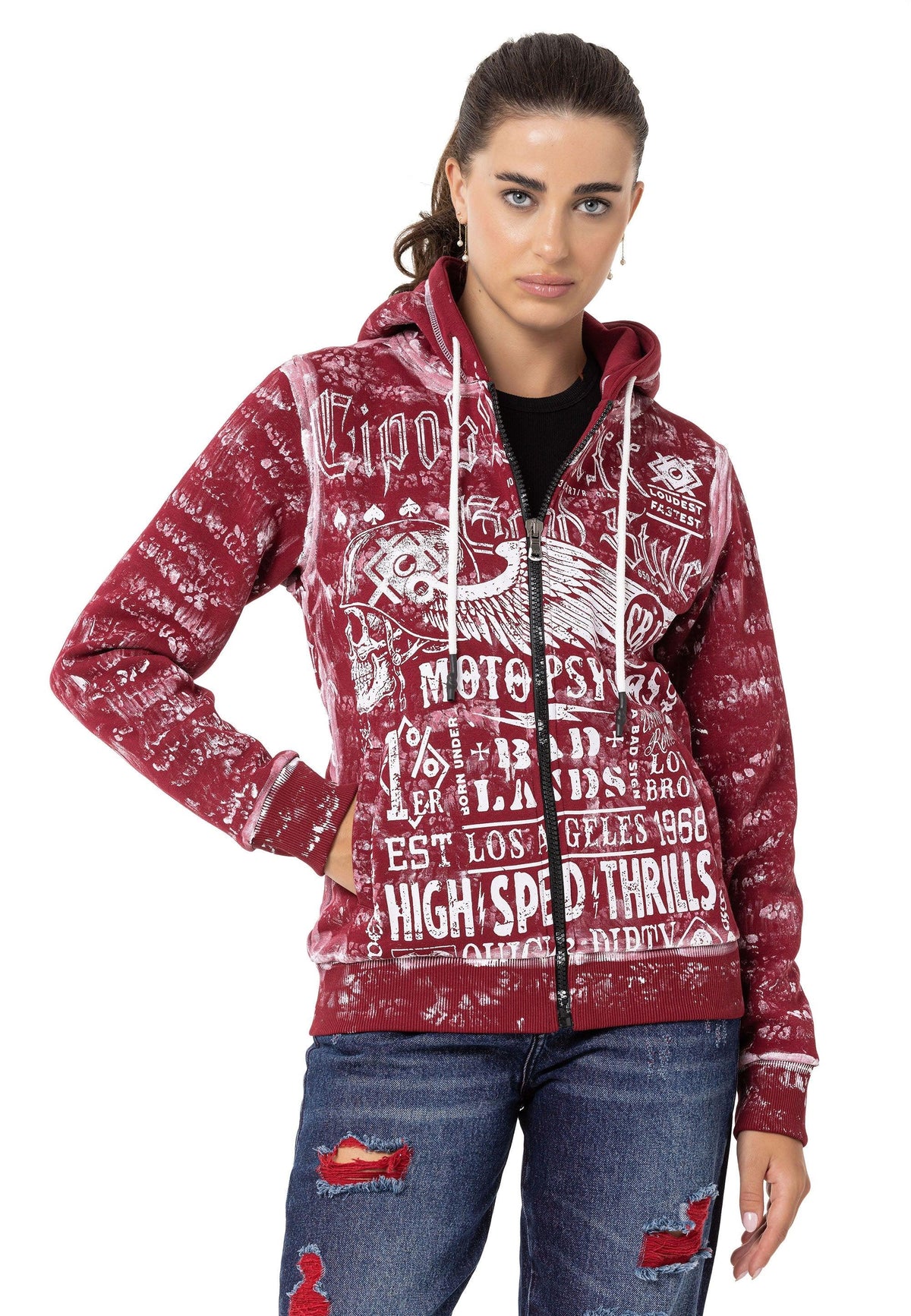 Kadın Grafik Baskılı Kapüşonlu Fermuarlı Sweatshirt WL352